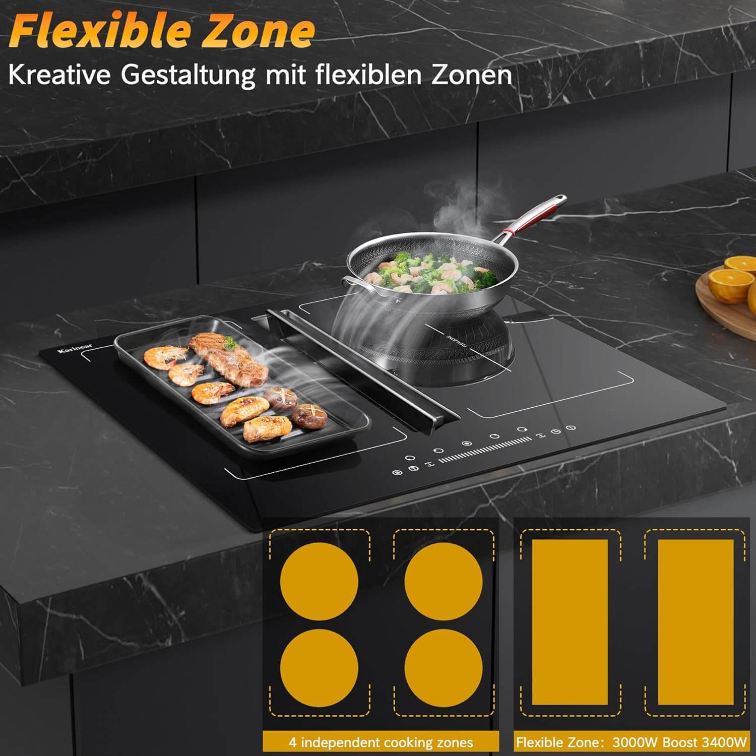 Karinear Induction Hob With Extractor Hood With Built In Flex Zones