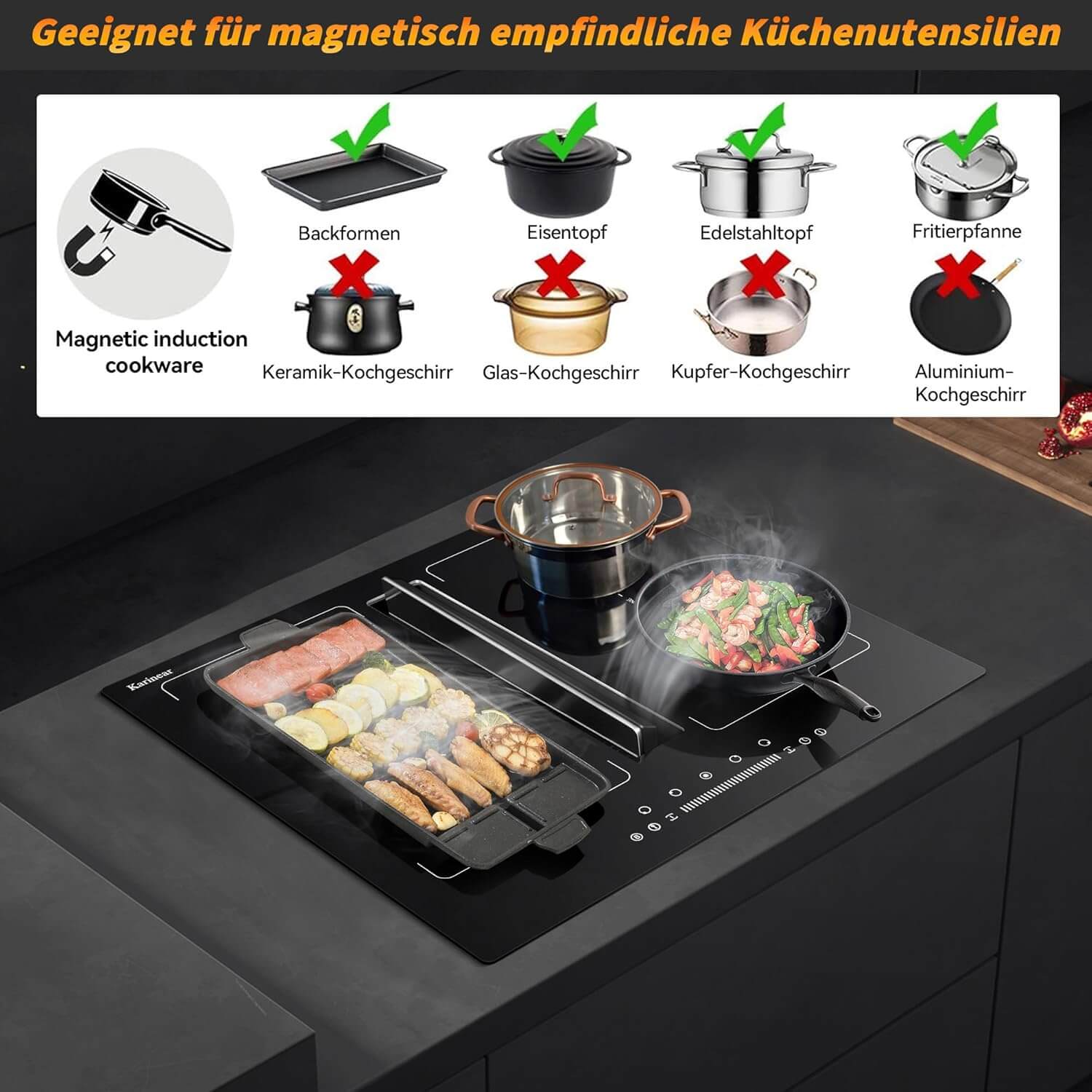 Karinear Induction Hob With Extractor Hood With Built In Flex Zones