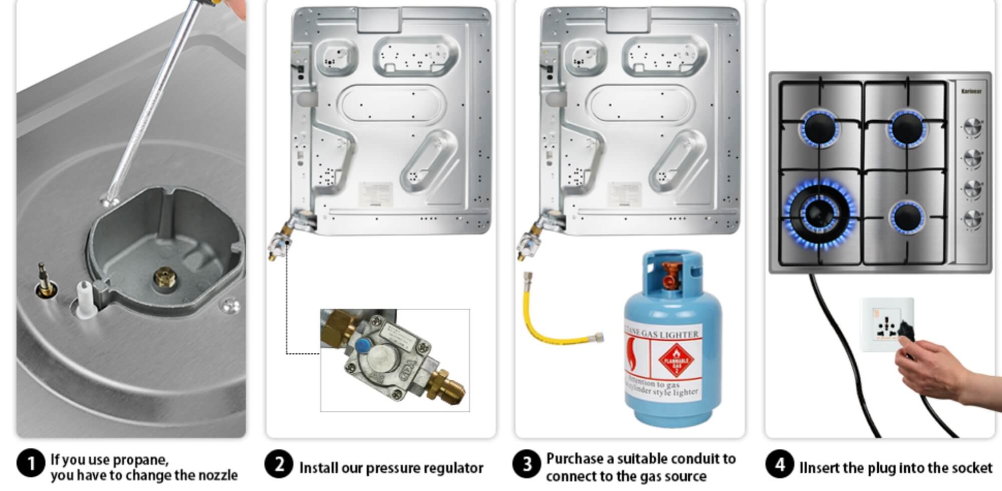 Karinear 24 Inch Gas Cooktop Gas Stove 4 Burners, Built-in Stainless Steel Gas Hob