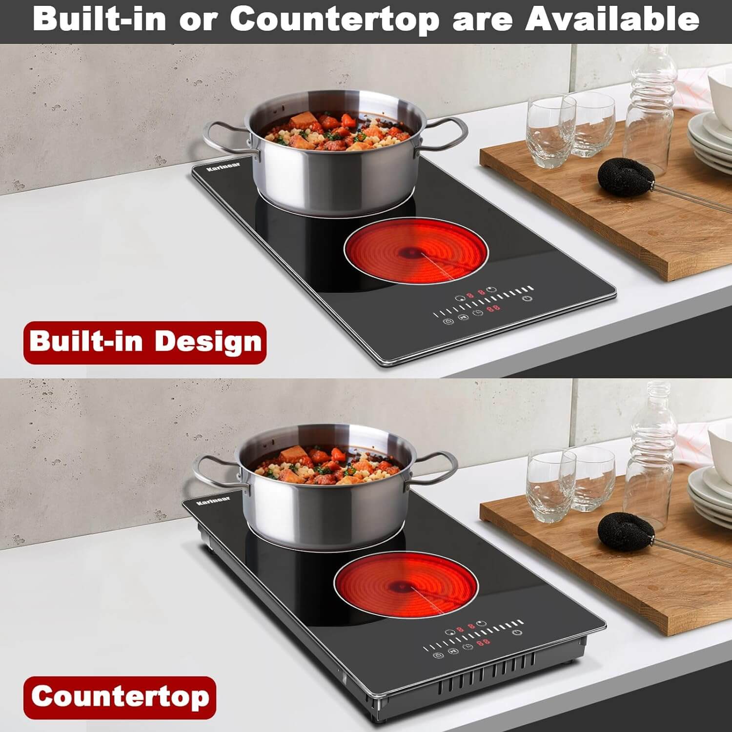 Karinear Electric Cooktop 2 Burners,12 Inch Electric Stove Top, Countertop & Built-in Ceramic Cooktop with Glass Protection Metal Frame, Multifunctional Cooktop for 220-240v, Hard Wire, No Plug