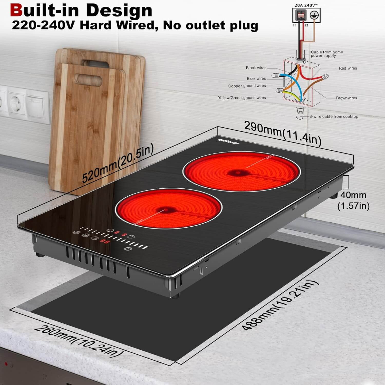 Karinear Electric Cooktop 2 Burners,12 Inch Electric Stove Top, Countertop & Built-in Ceramic Cooktop with Glass Protection Metal Frame, Multifunctional Cooktop for 220-240v, Hard Wire, No Plug