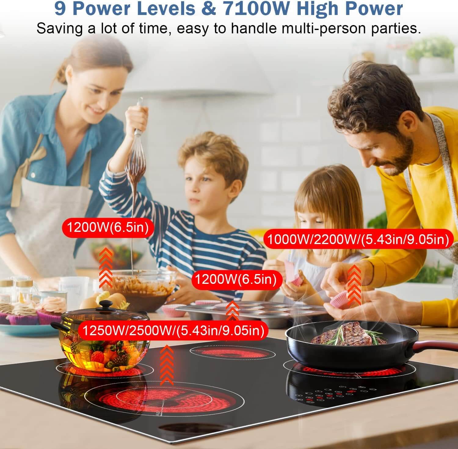 Karinear Electric Cooktop 30 Inch, 4 Burners 7100W Built-in Radiant Electric Stove Top, Ceramic Cooktop with Glass Protection Metal Frame, Kid Safety Lock, Timer, Pause,220-240v Hard Wire, No Plug