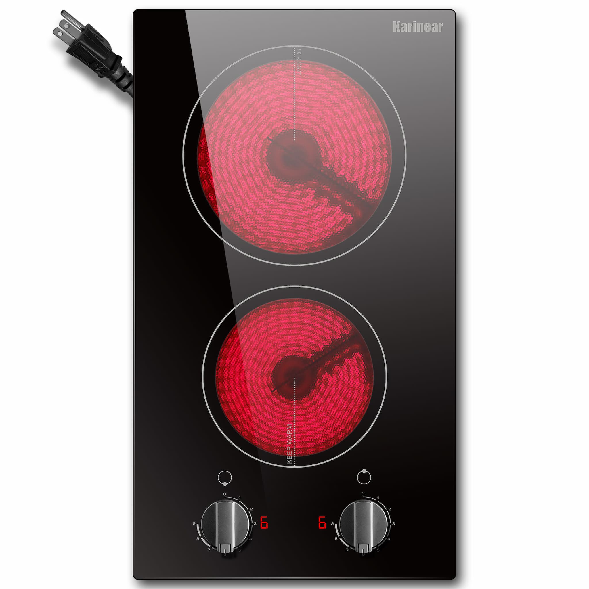 Karinear 110v Electric Cooktop 2 Burners, 12'' Electric Stove Top, Knob Control Countertop & Built-in Ceramic Cooktop, 9 Heating Level, Hot Warning, Over-Temperature Protection