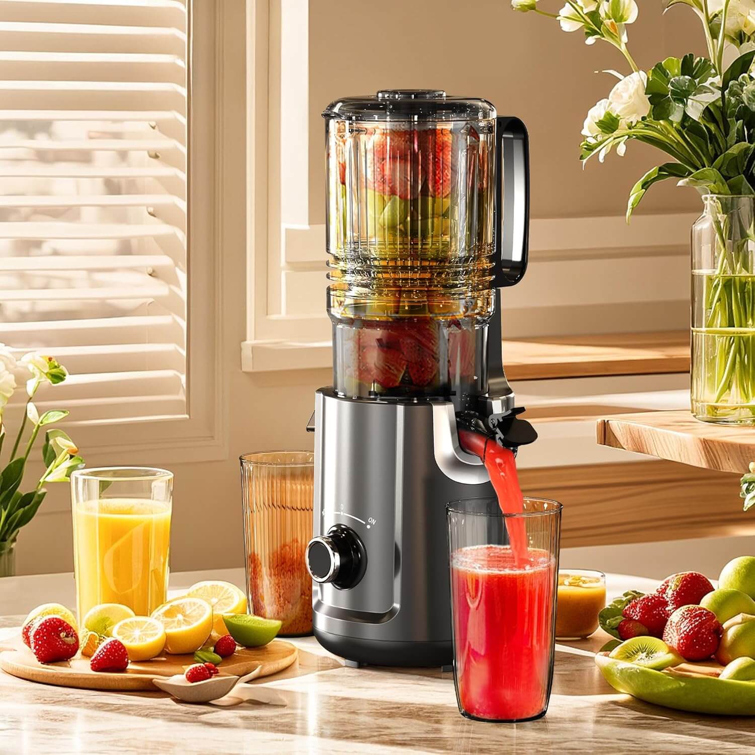 Karinear Cold Press Juicer 5.3" Wide Feed Chute Juice Extractor Machine for Whole Vegetables & Fruits