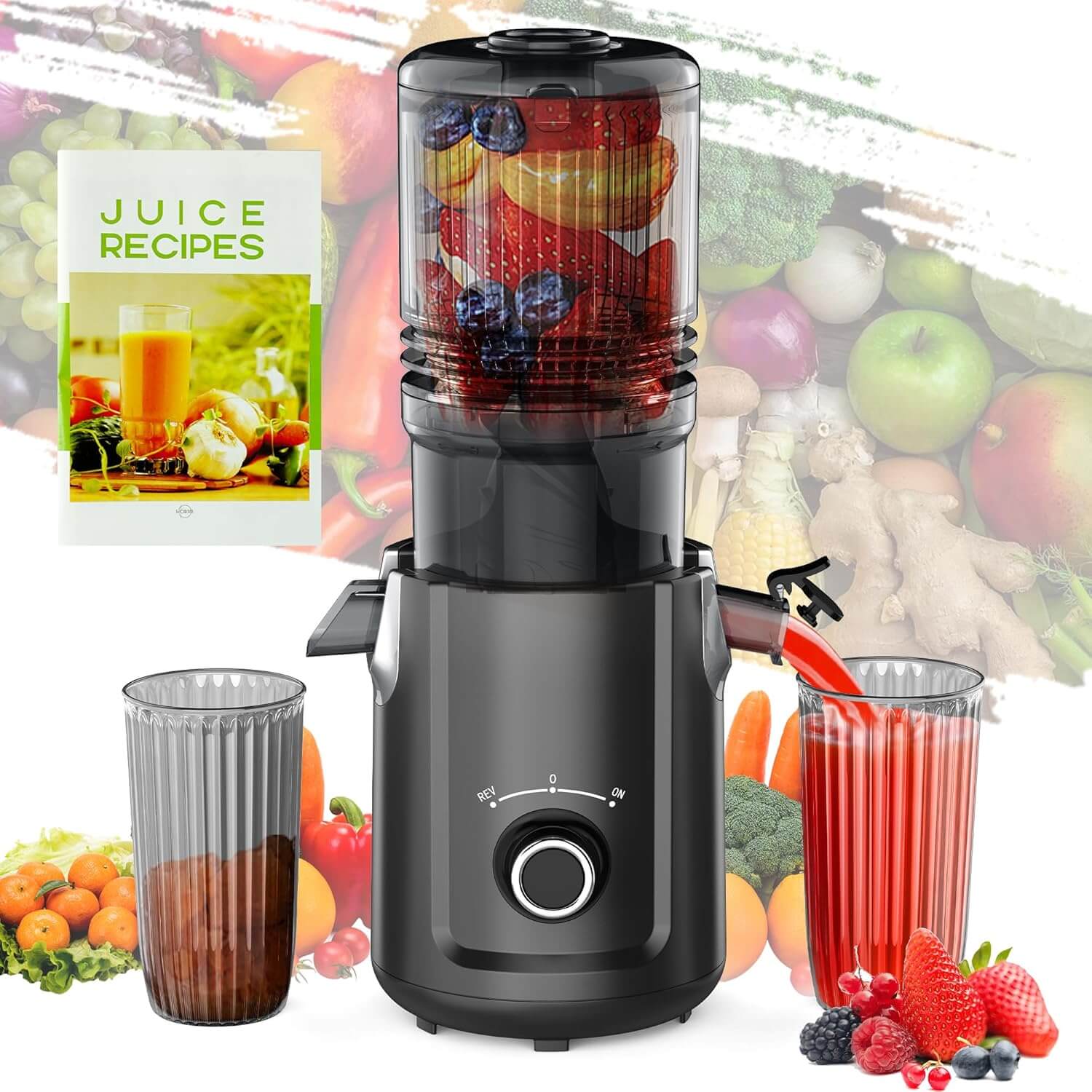 Karinear Cold Press Juicer 5.3" Wide Feed Chute Juice Extractor Machine for Whole Vegetables & Fruits