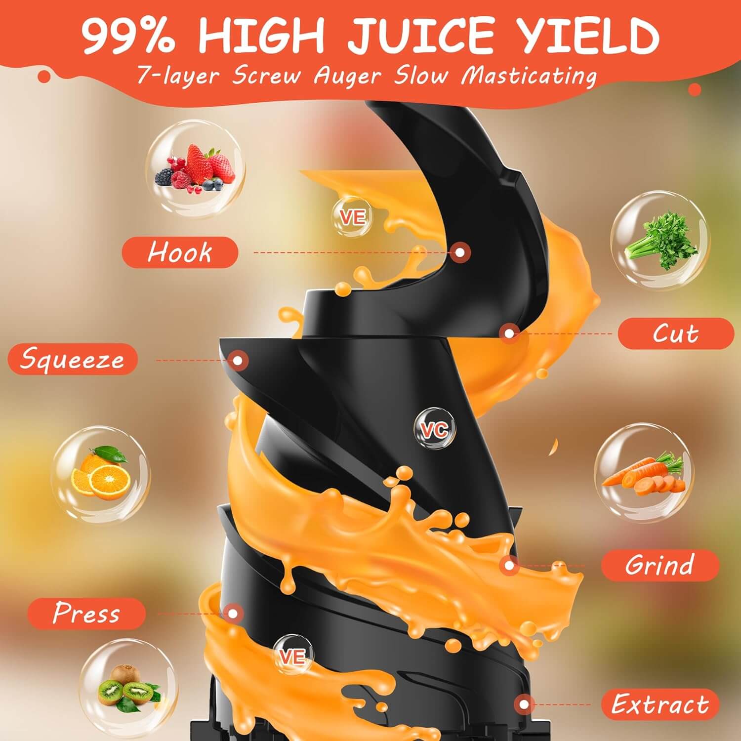 Karinear Masticating Juicer 5.3-Inch Large Feed Chute For Whole Vegetables and Fruits