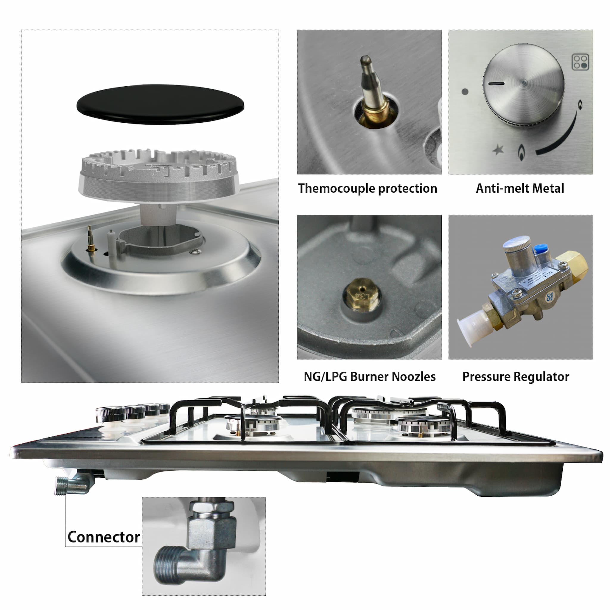 Karinear 24 Inch 4 Burner Stainless Steel Tempered Gas Cooktop