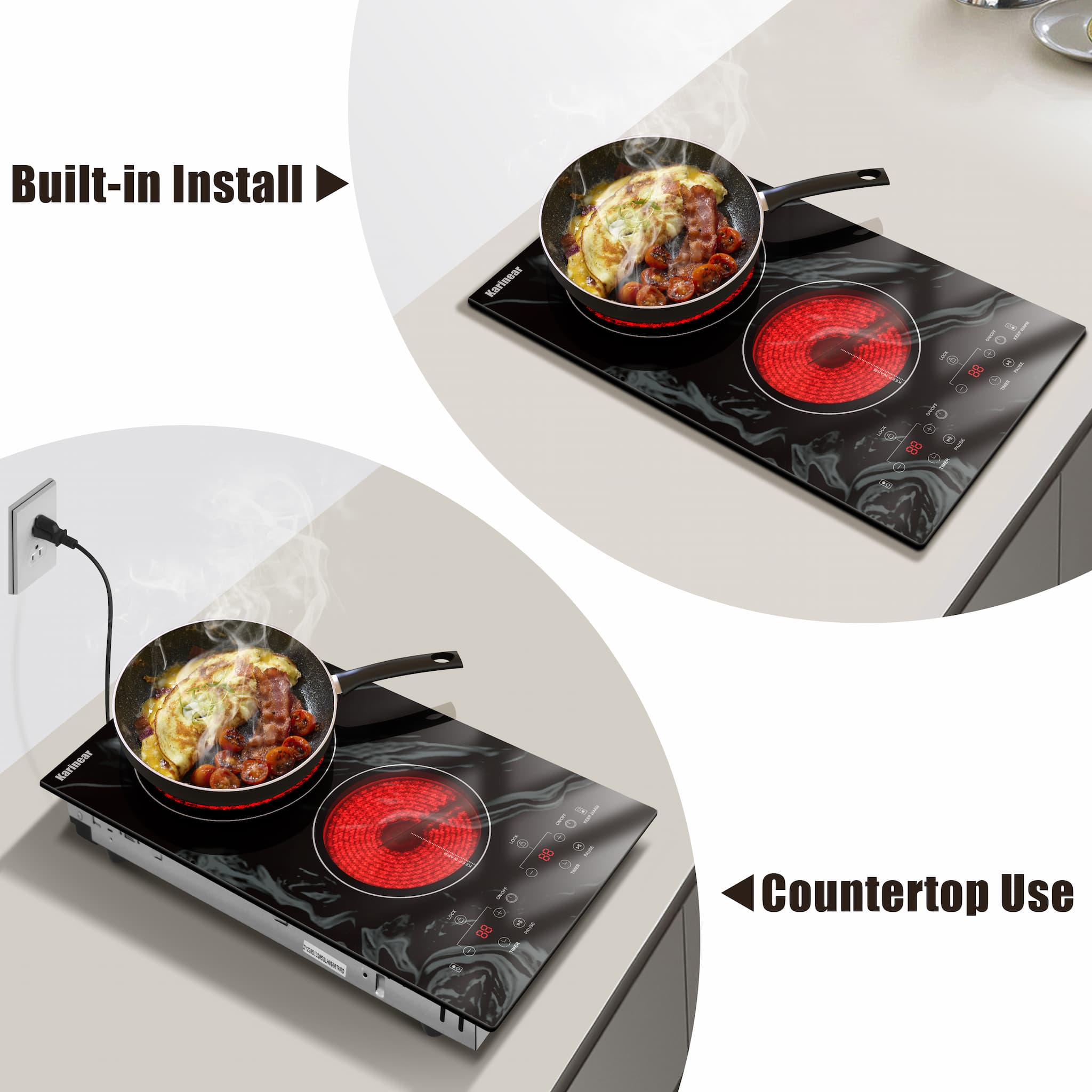 Karinear 12 Inch 2 Burners Plug in Electric Ceramic Cooktop - Wave Patterned