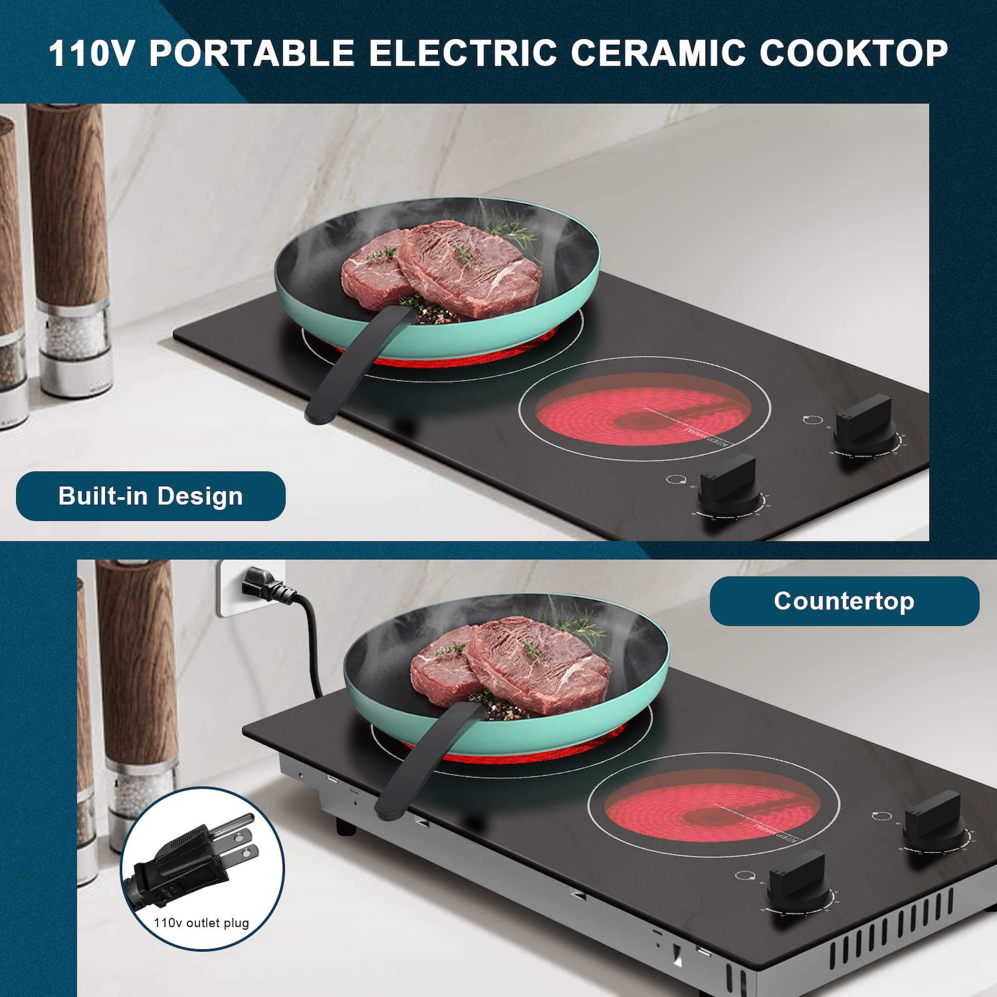 This 110v stove can be placed in two ways. If you don't want to be so troublesome, you can put the 12'' electric cooktop directly on the countertop