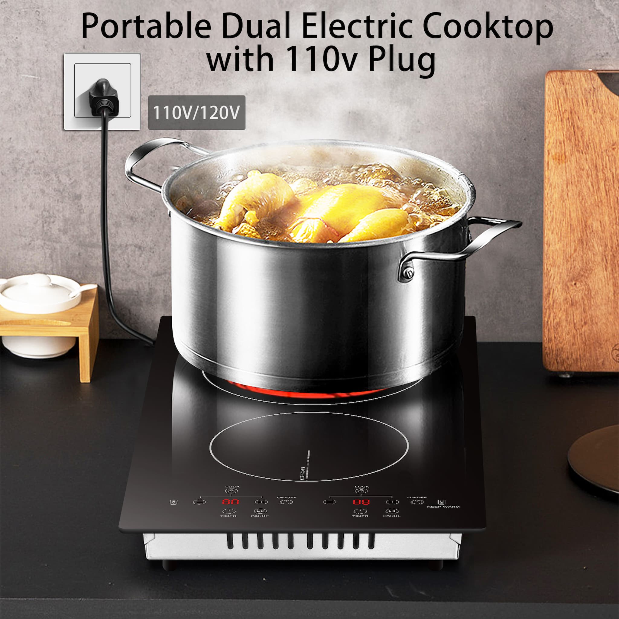 Karinear Portable Electric Cooktop 2 Burners, 110v Plug in Electric Stove  Top, Countertop Use or Built-in Install, 12'' Ceramic Cooktop with  Beautiful