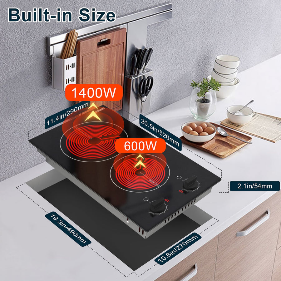 Karinear 12 inch 2 burners Plug in Knob Control Electric Ceramic Cooktop