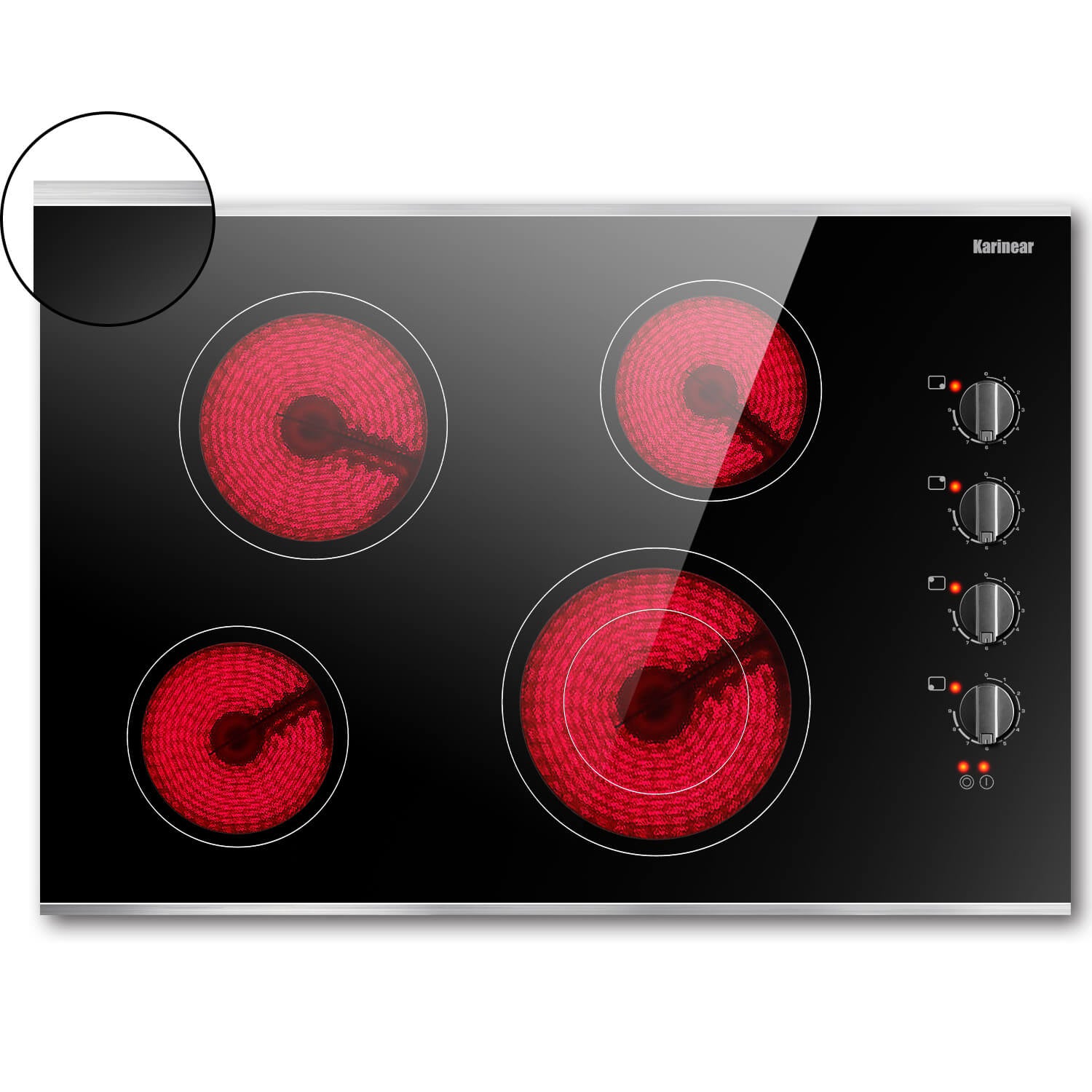 Karinear 30 Inch Electric Cooktop 4 Burners, Knob Control Built-in Ceramic Cooktop, 30" Radiant Electric Stove Top with Glass Protection Metal Frame,Hot Surface Indicator, 220-240v, Hard Wire, No Plug