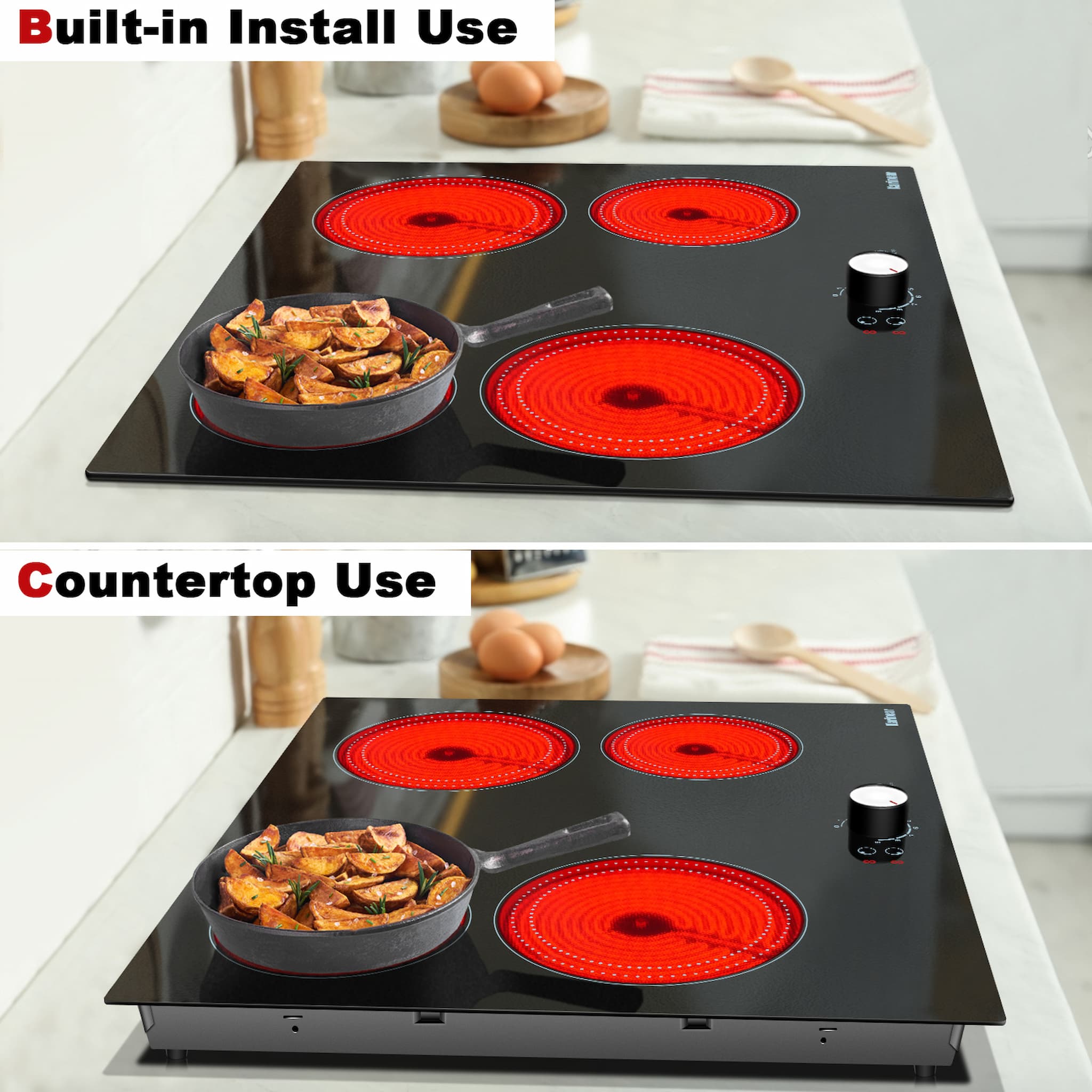 Karinear 2 Burner Electric Cooktop 110v, 12 Inch Portable Electric Stove  Top with Knob Control, Outlet Plug, Countertop Use or Drop-in Radiant