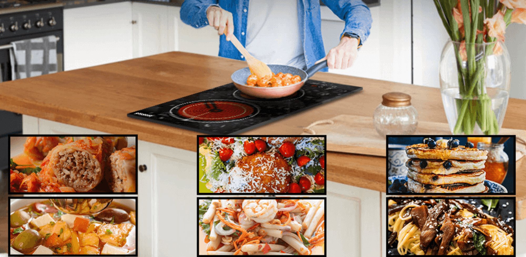 2 Burners Electric Cooktop working simultaneously with a total power of 2000W, built-in electric stove top fast heating without waiting, electric stove helps you simmer, fry, boil, bake, steam, slow cook and grill with ease.