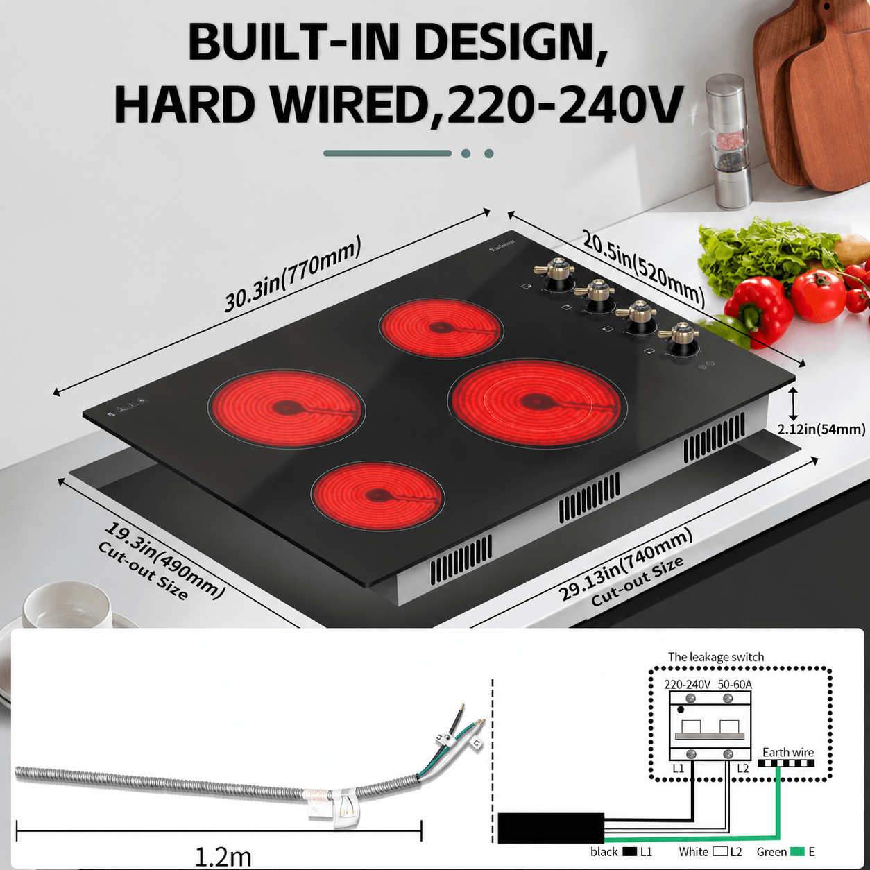 Karinear 30 Inch 4 Burner Electric Cooktop With Knob Control 6700W