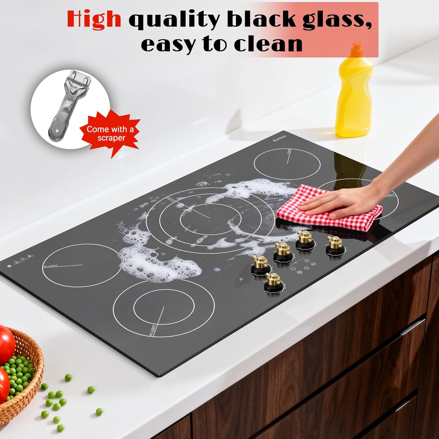 Karinear 36 inch 5 Burner Electric Cooktop 9200W with Knob & Touch Control
