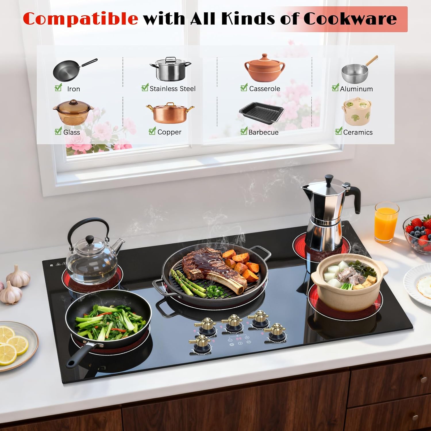 Karinear 36 inch 5 Burner Electric Cooktop 9200W with Knob & Touch Control