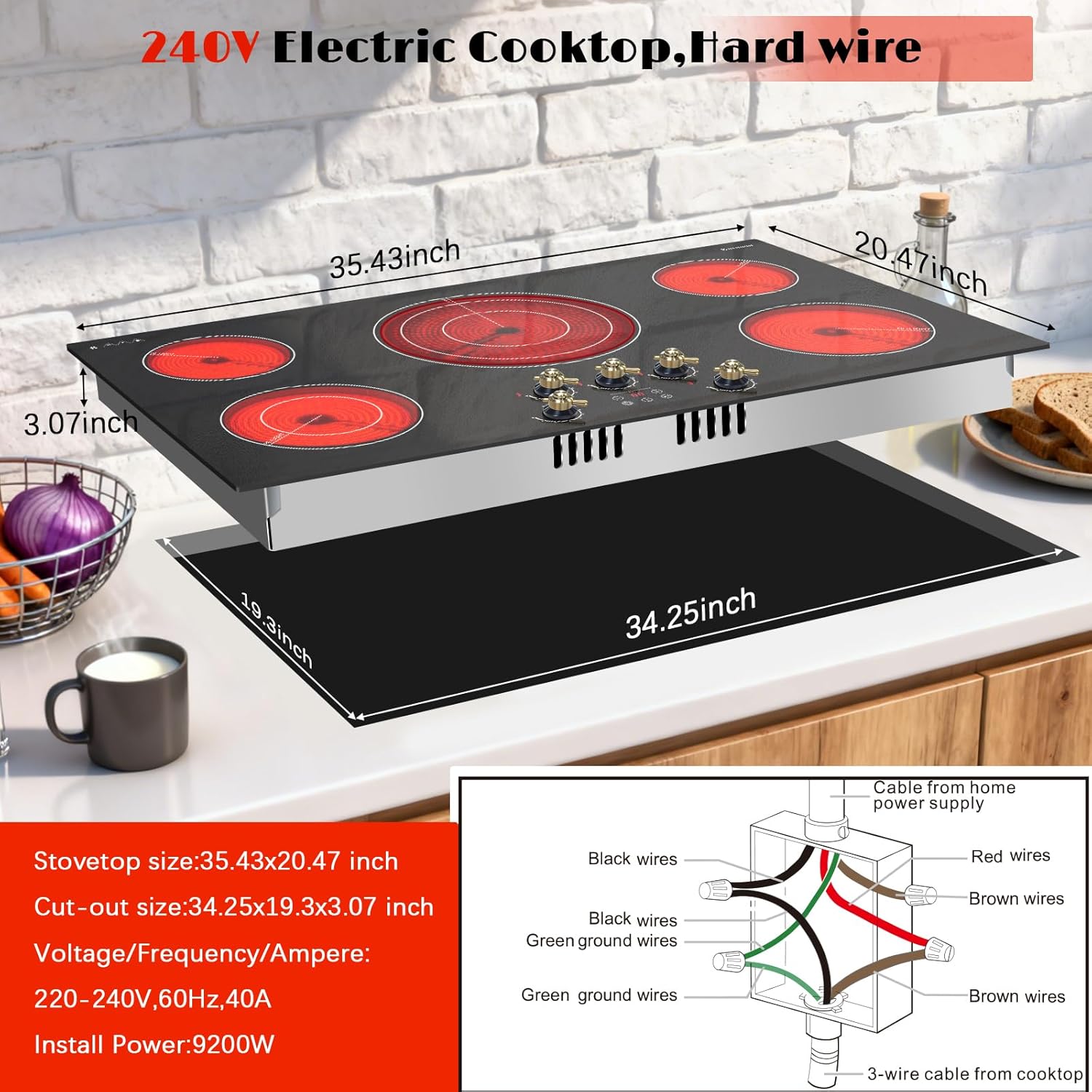 Karinear 36 inch 5 Burner Electric Cooktop 9200W with Knob & Touch Control