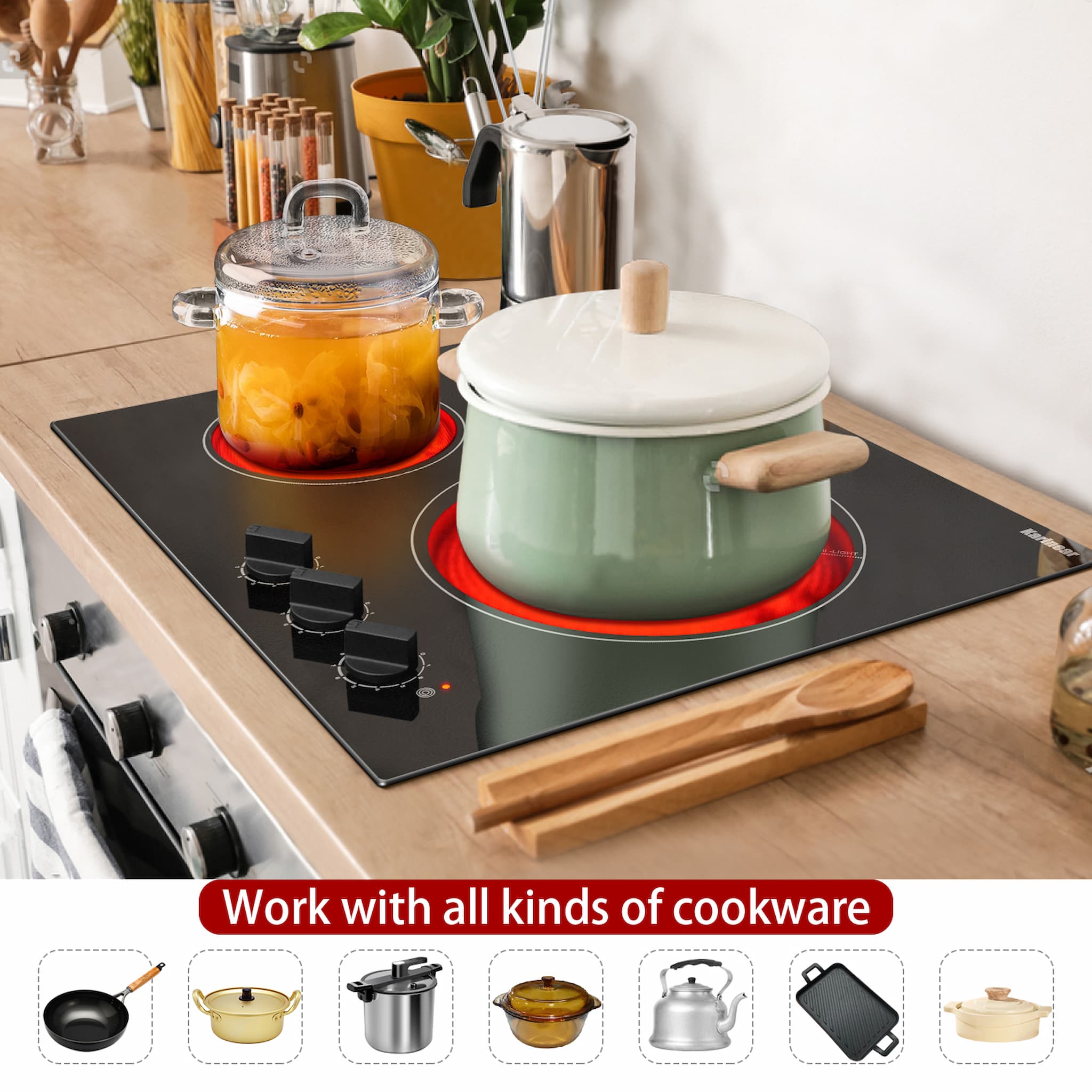 The electric ceramic cooker is very convenient that compatible with any cookware. The cookware with a flat bottom, such as iron, aluminum, stainless steel, and glass cookware are all suitable for use, unlike induction cooktop which has special requirements for cookware material.