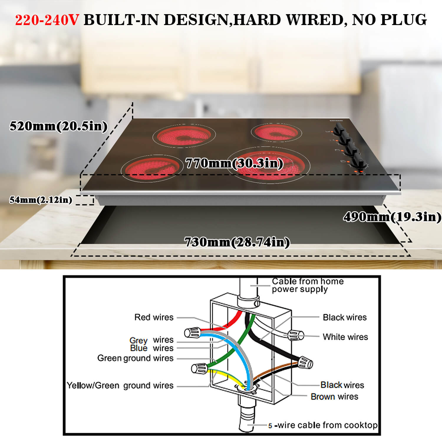 The 30 inch cooktop is specially designed for safety, having various safety protection functions, such as hot surface indicator, which remind you that the temperature is too high; Over-temperature Protection, automatic safety shut off function, when it detects that the internal temperature of the 30" electric stovetop is too high, it will automatically shut down. This kinds of ceramic cooktop has no electromagnetic radiation, is harmless to the human body.