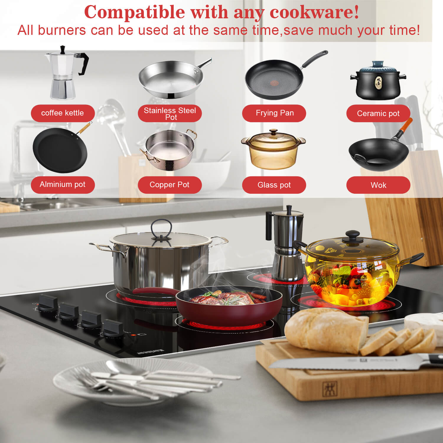 he built in ceramic hob can be used with any type of cookware, such as aluminium pans, copper pans, cast iron frying pans and non-magnetic stainless steel pans can heats cookware efficiently with minimal heat loss. Glass cooktop electric is easy to clean, simply wipe with a clean cloth when cool.