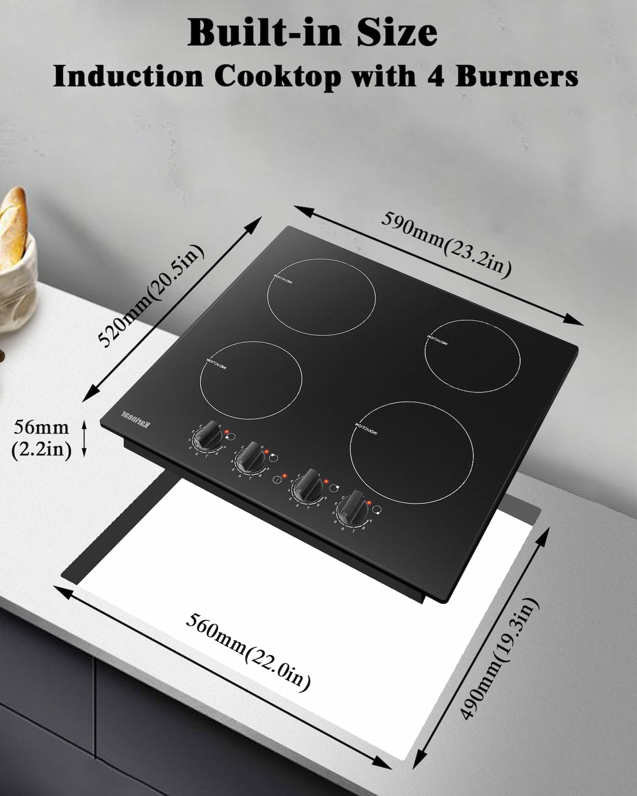 Karinear induction hob 60 cm, 7000W, 4-zone built-in hob, induction hob 4 plates with button control, residual heat indicator, 220-240V, no plugs, only single-phase circuit