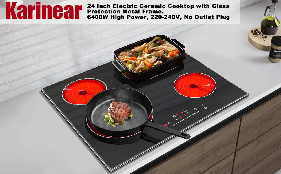 Karinear 6400W 24" electric stove 4 bunrers, multi-function electric radiant stove with glass potection metal frame and unique slide control