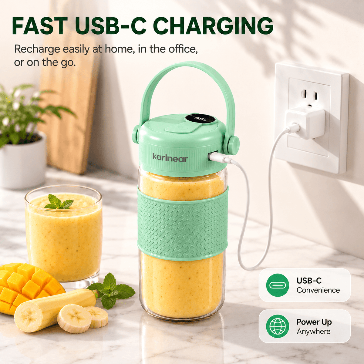 Karinear Portable Blender 24oz with 2-in-1 Straw & Chug Lid (Green)