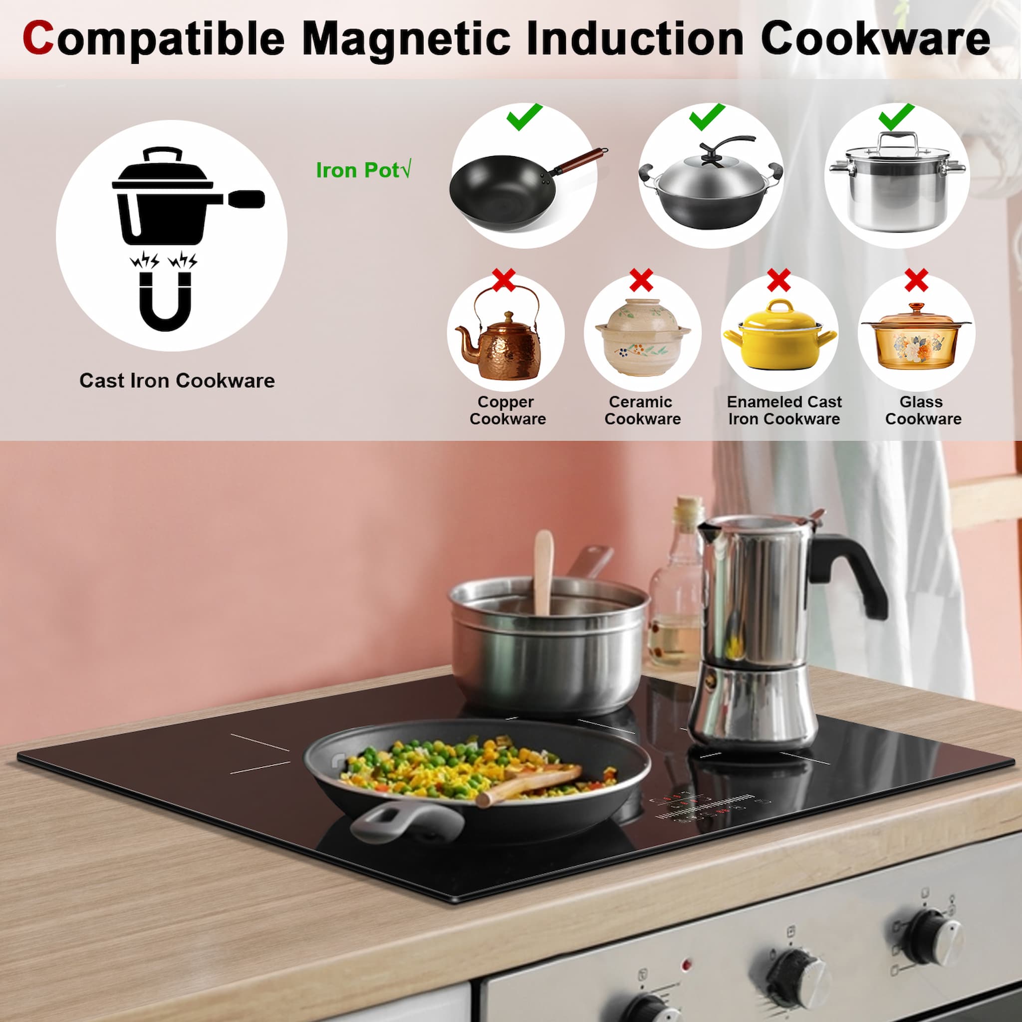 Multifunctional 30 Inch Induction Cooktop 4 Burners Slider control 9 Power setting 99 mins Timer Auto switch off High Temperature Warning（show "H") Child Safety Lock Over-Temperature Protection Total power 7200W: Lower left:1500W/1800W, Upper left:2100W/2500W, Lower right:1500W/1800W, Upper right:2100W/2500W.