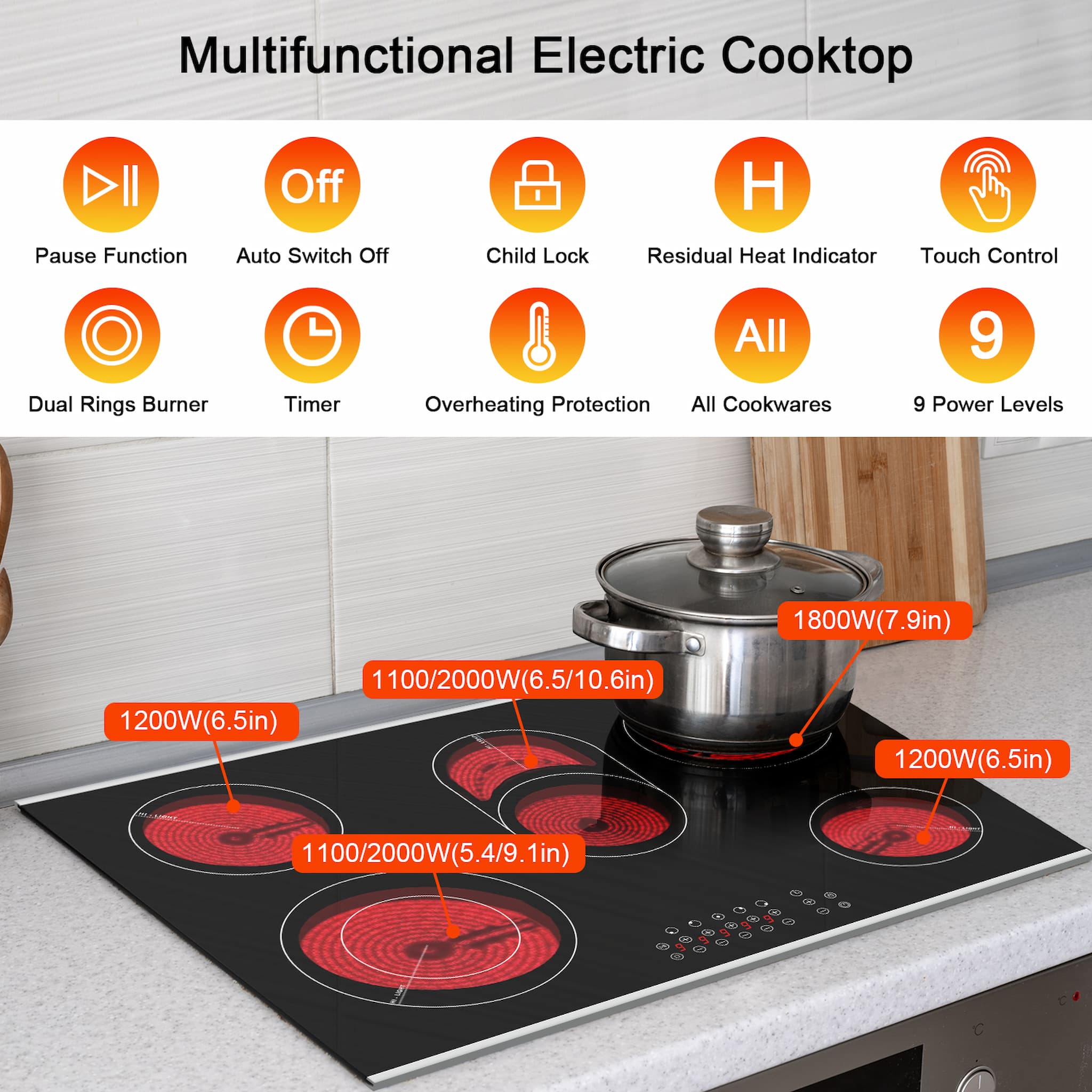 Electric Cooktop Single Burner, 1800W Ceramic Cooktop with Child Safety Lock,Timer,9 Power Level, Electric Stove Top Compatible for All Cookware