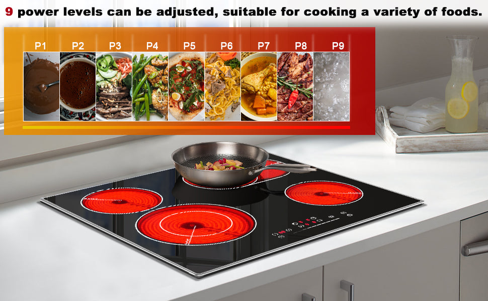 This 24 inch electric stove has 9 heating power levels for each burner, from low to high, which can control the heat of the electric stove more easily and lowly, to meet the temperature requirements of various foods, suitable for all kinds of cooking modes, such as sautéing, deep-frying, boiling, stir-frying, stewing, simmering, etc.