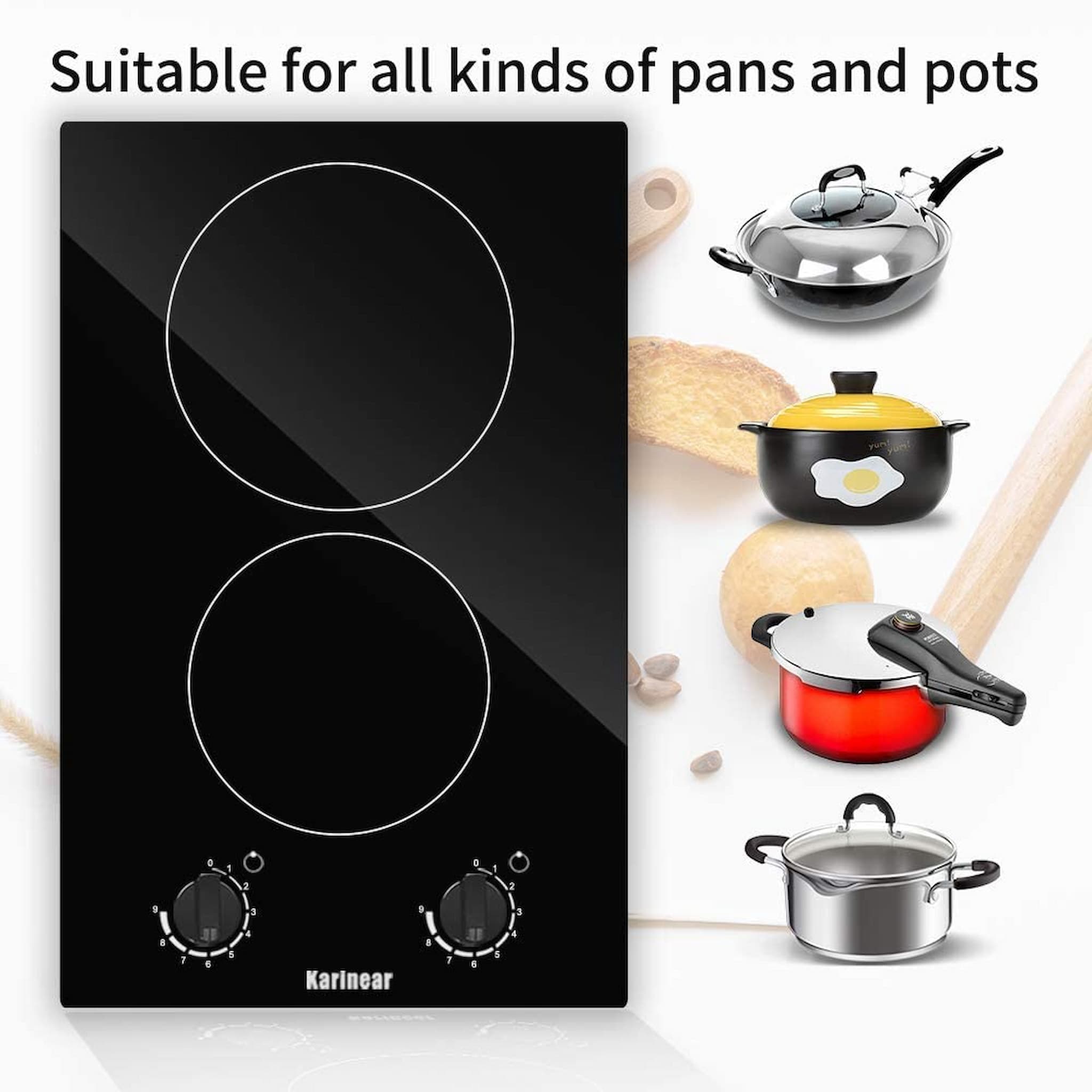 【 Suitable for All Types of Cookwares 】Karinear electric radiant cooktop can be used with any type of cookware in your home, such as aluminium pans, copper pans, cast iron frying pans and non-magnetic stainless steel pans can heats cookware efficiently with minimal heat loss. Simply wipe with a clean cloth when cool. Please install according to the product manual and contact us at any time.