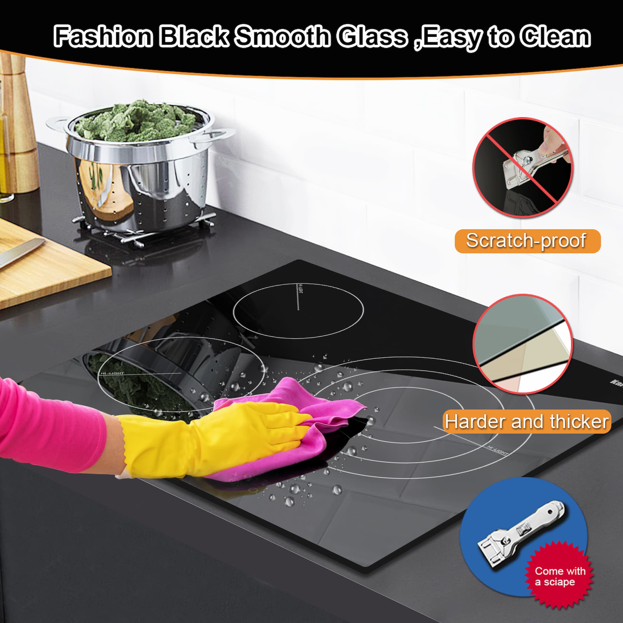 This glass electric stove surface is made with high quality black smooth glass. Scratch resistant, high temperature resistant and easy to clean. Use our cleaning scraper with confidence!