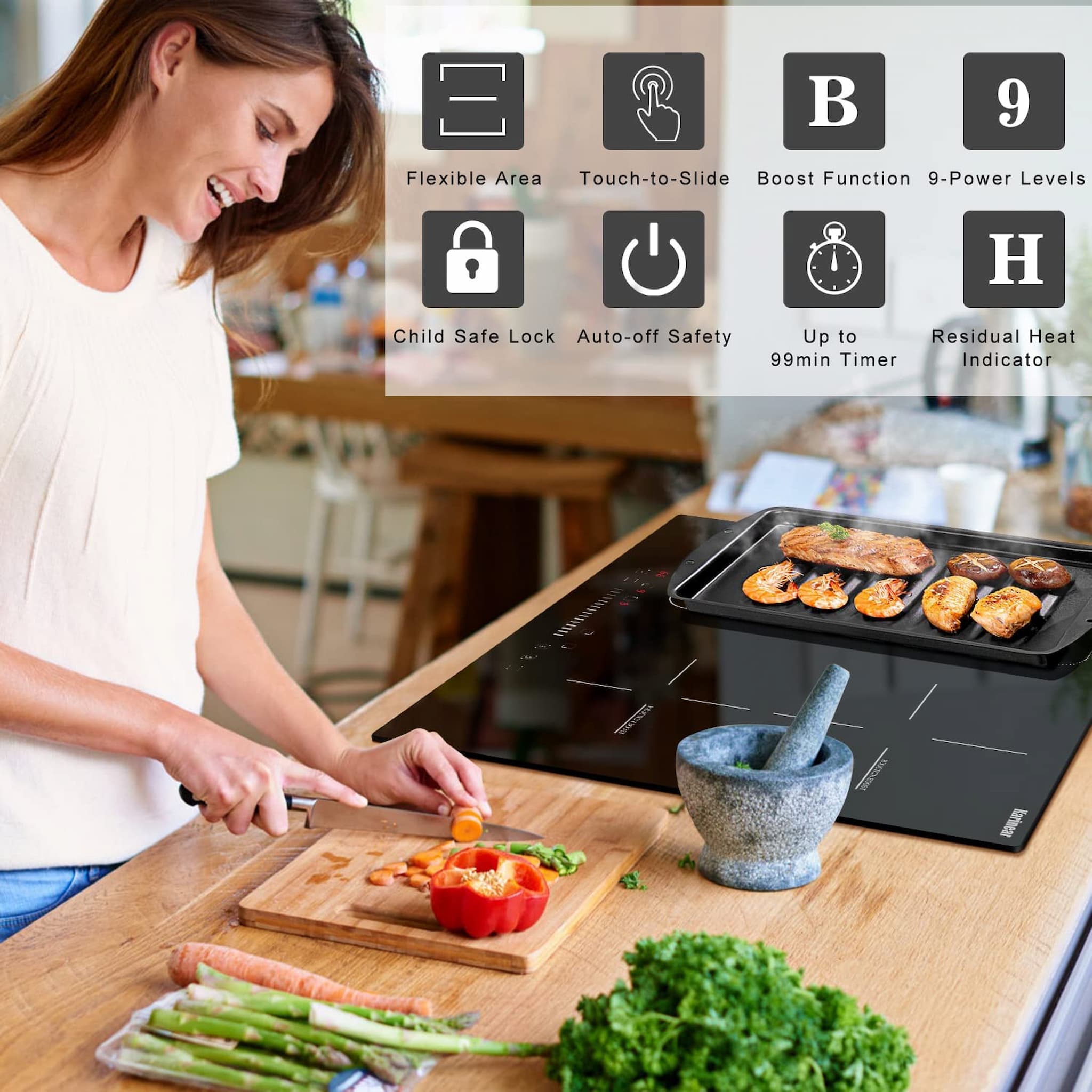 Karinear Induction Hob, Upgraded 4 Zones Electric Hob 60 cm with Boost Function, 7200W Slider Control with Flex Zone
