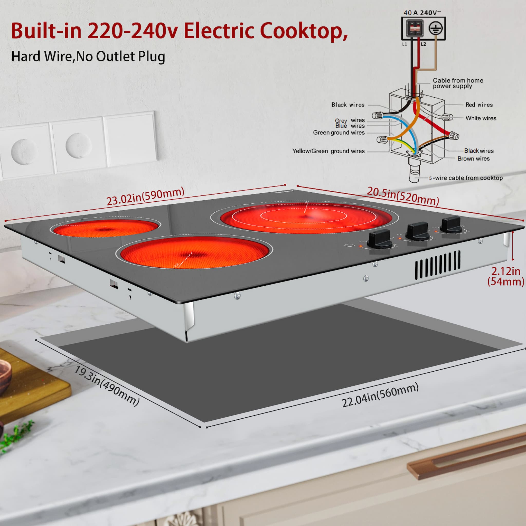 Note:The 220v- 240v electric cooktop has no plug and require professional wiring. Wiring is simple, see our wiring diagram. If the glass is broken or there is any problem, please tell the seller in time to help you solve it.