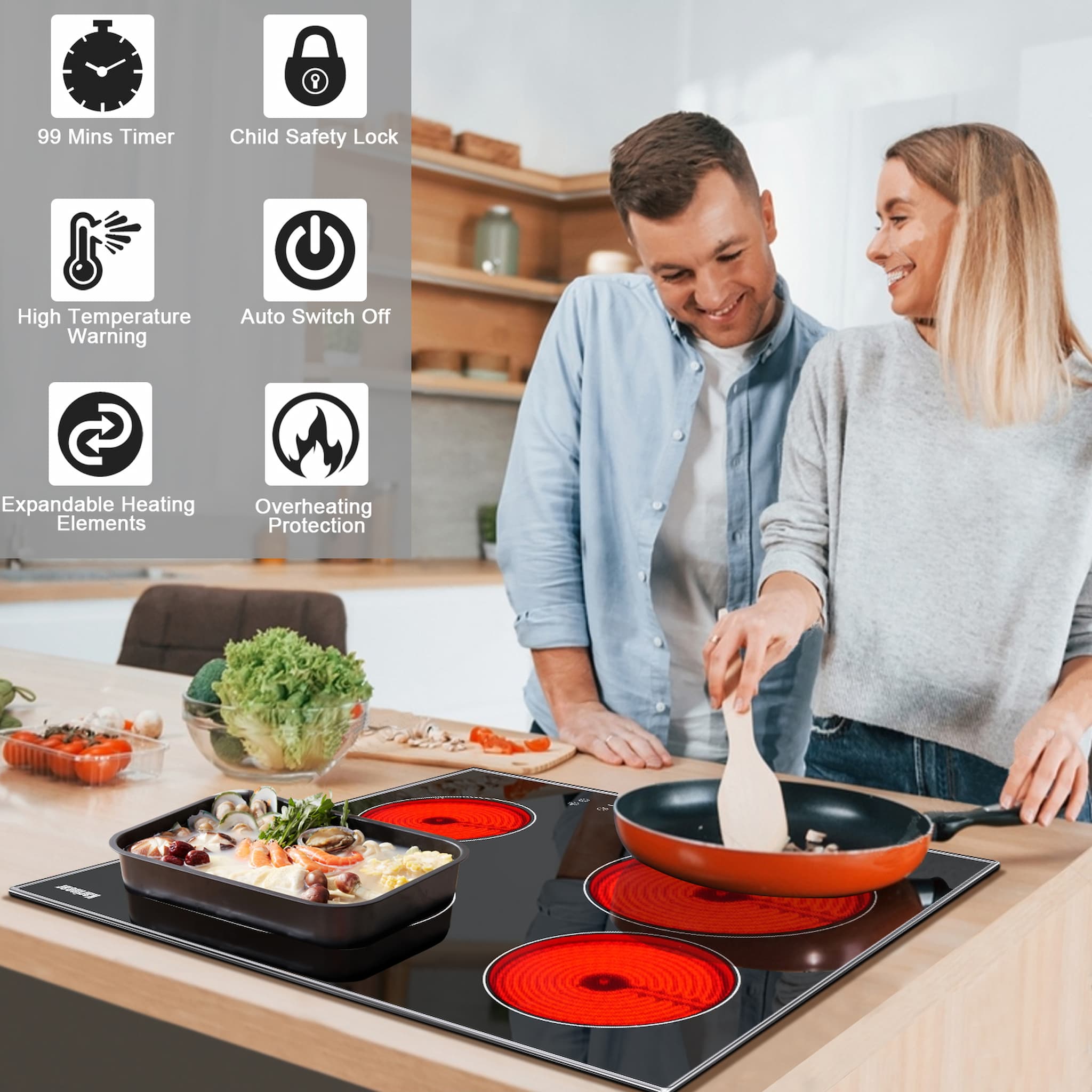 Karinear 30 inch electric cooktop is equipped with 5 burners, 2 of which have expandable heating elements, convenient for larger cookware. The electric cooktop 5 burners reaches high power output of 8400W: 1200W+1200W +1800W+ 1100W/2000W(Dual)