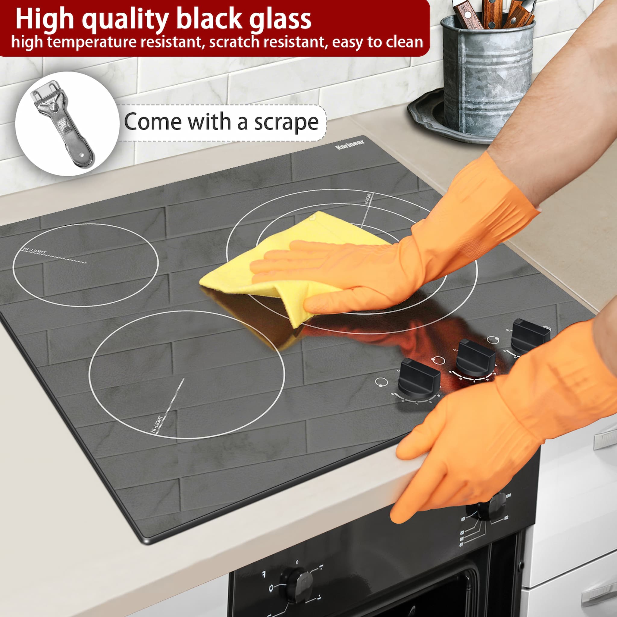 This is a built-in electric cooktop, saving space. With black smooth glass, it looks very fashionable and beautiful. Black glass is durable and easy to clean.