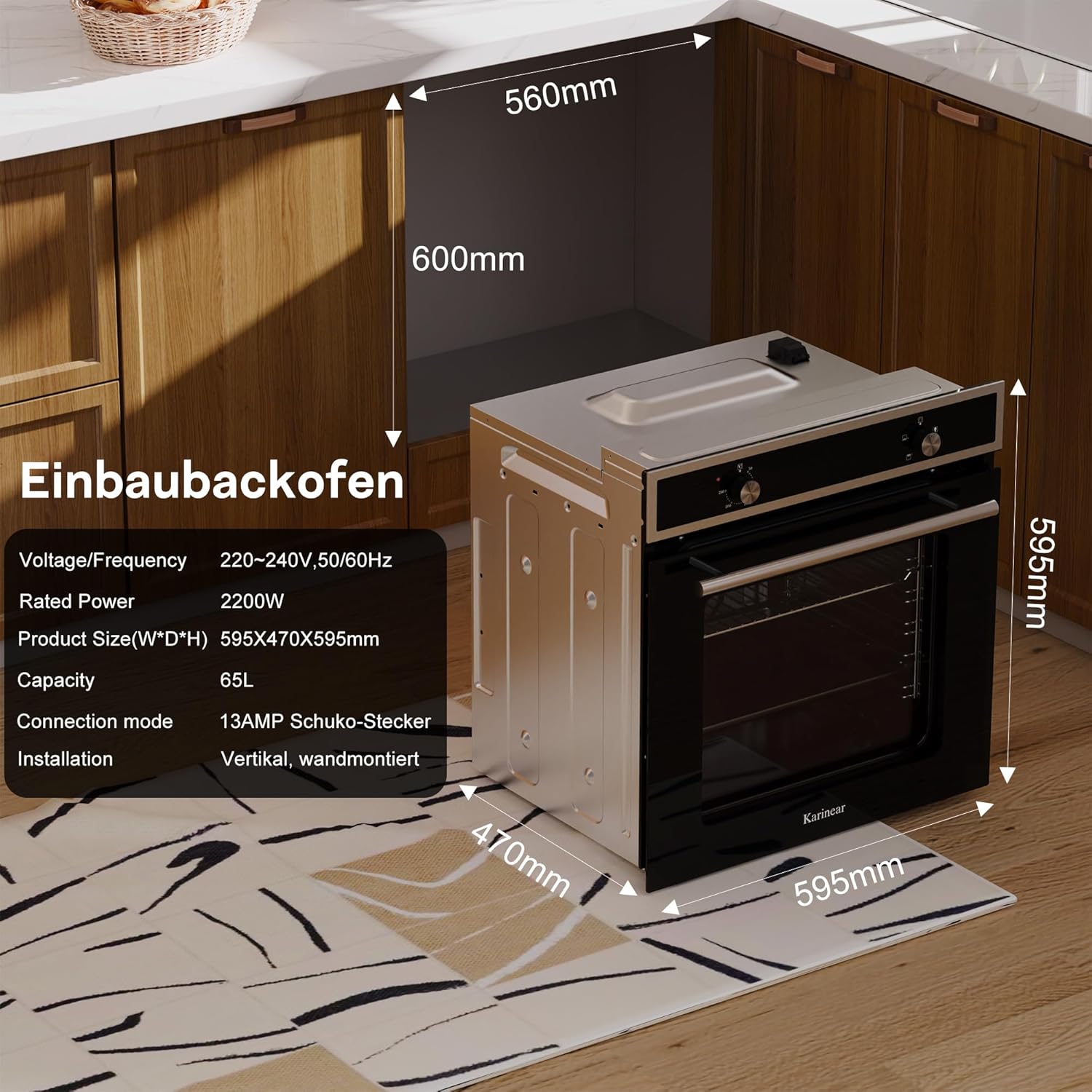 Karinear 65L Built in Electric Oven Wtih 5 Functions 2200W