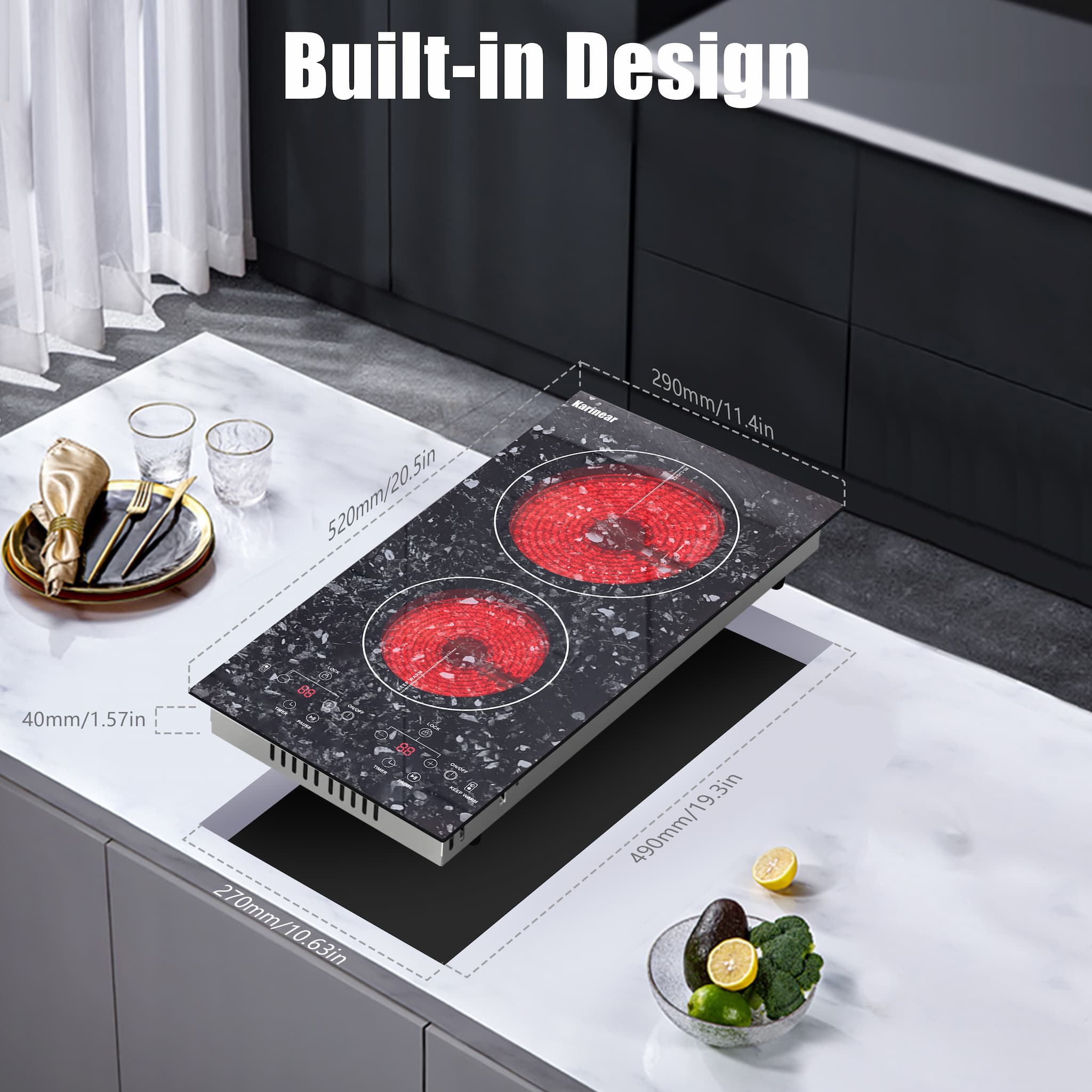 Karinear Electric Cooktop 24 Inch, 4 Burners Built-in Electric StoveTop  with Marble Patterned Surface, Ceramic Cooktop with Child Lock, Timer,  Residual Heat Indicator, 220-240v Hard Wired, Wiring Required(LH07)