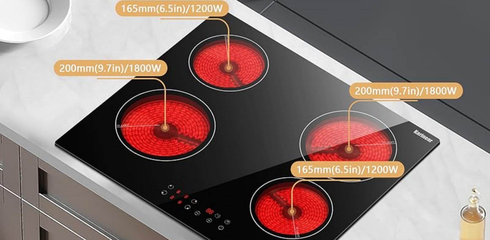 Karinear Electric Cooktop 24 Inch, 4 Burners Built-in Electric StoveTop  with Wooden Patterned Surface, Ceramic Cooktop with Child Lock, Timer,  Residual Heat Indicator, 220-240v Hard Wired, Wiring Required(LH06)