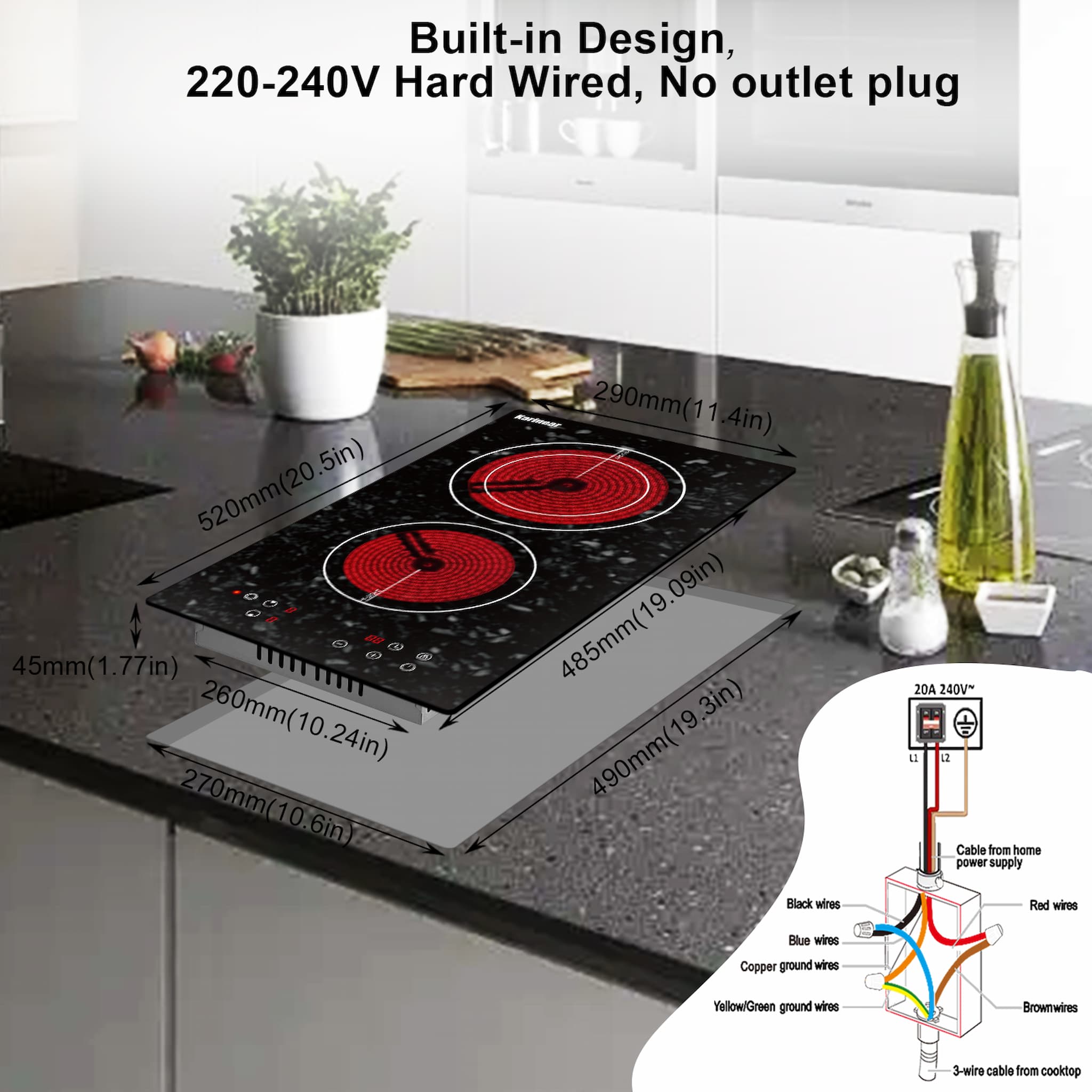2 burner electric cooktop, small burner power is 1200W, large burner if not open the outer ring power is 1000W, open the outer ring heating is 2000W. Each burner has 9 power levels, suitable for cooking any food.