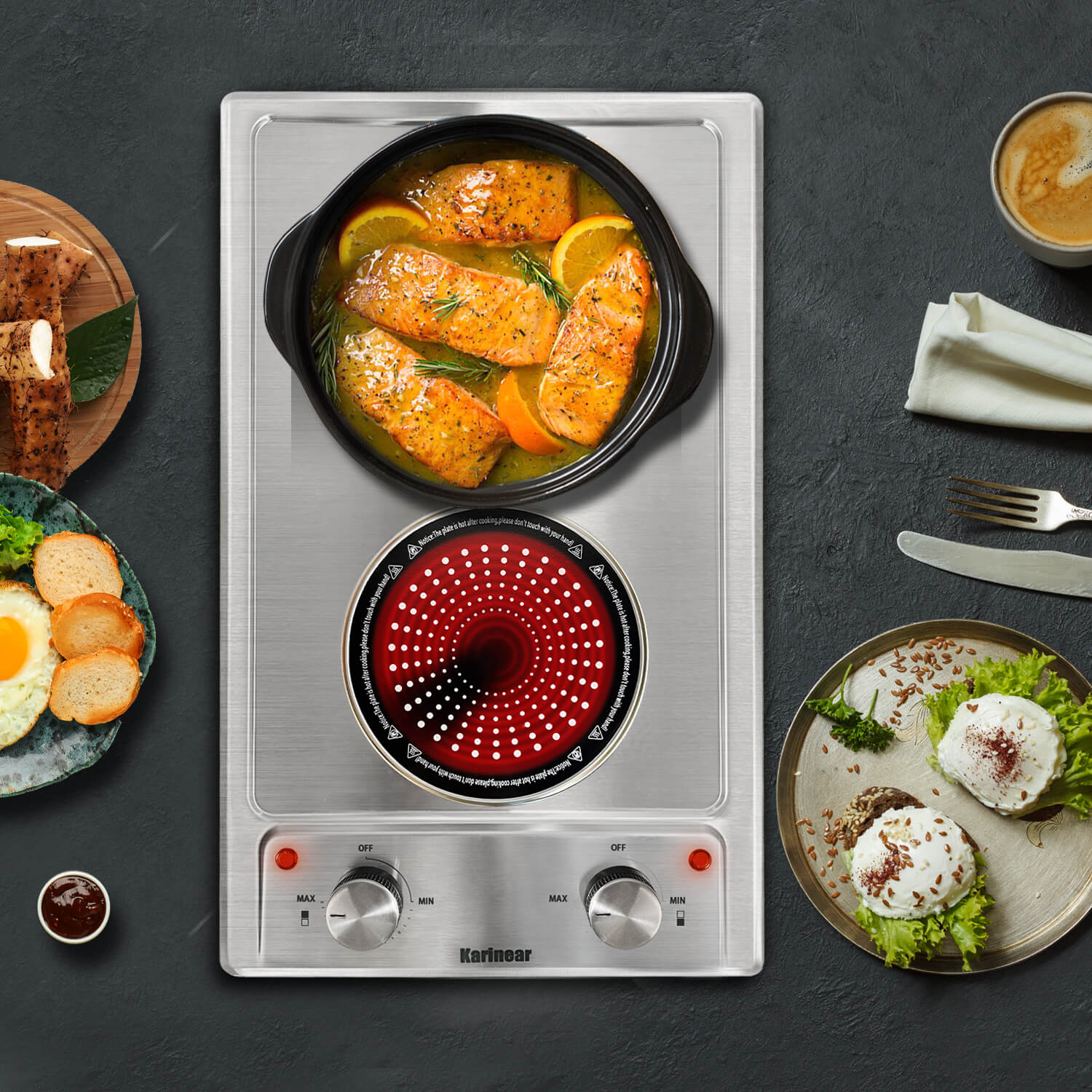 The stainless steel electric cooktop is equipped with 2 cooking zones at 120V and 2000W, with many power level setting and two knobs to control the burners, which makes cooking especially easy. Easy to clean and operate helps a family cook efficiently.