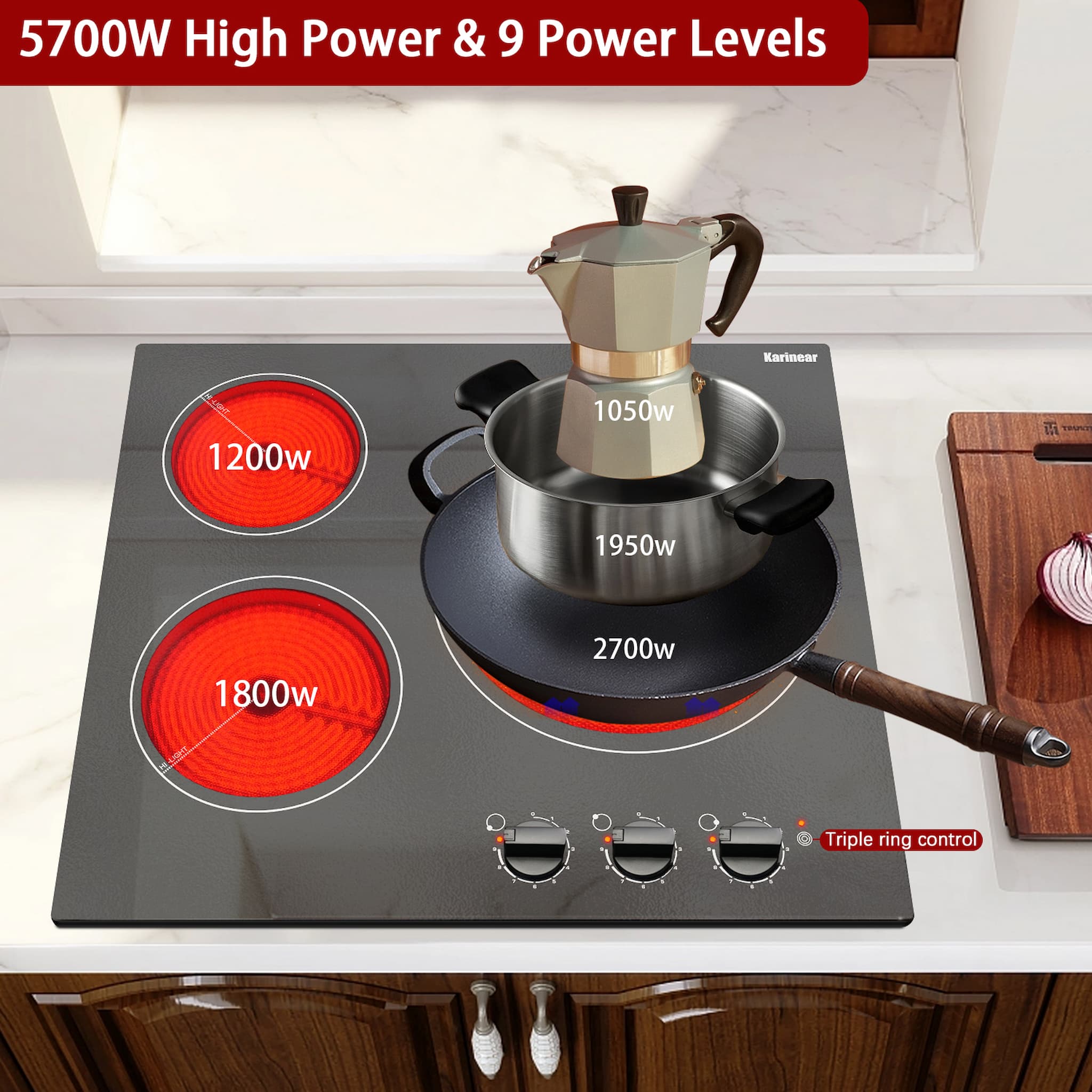 Electric stove 3 burners, the lowest power burner is 1050W and the largest burner can be up to 2700W when the outer ring is opened. Each burner has 9 power levels, suitable for cooking a wide variety of foods.
