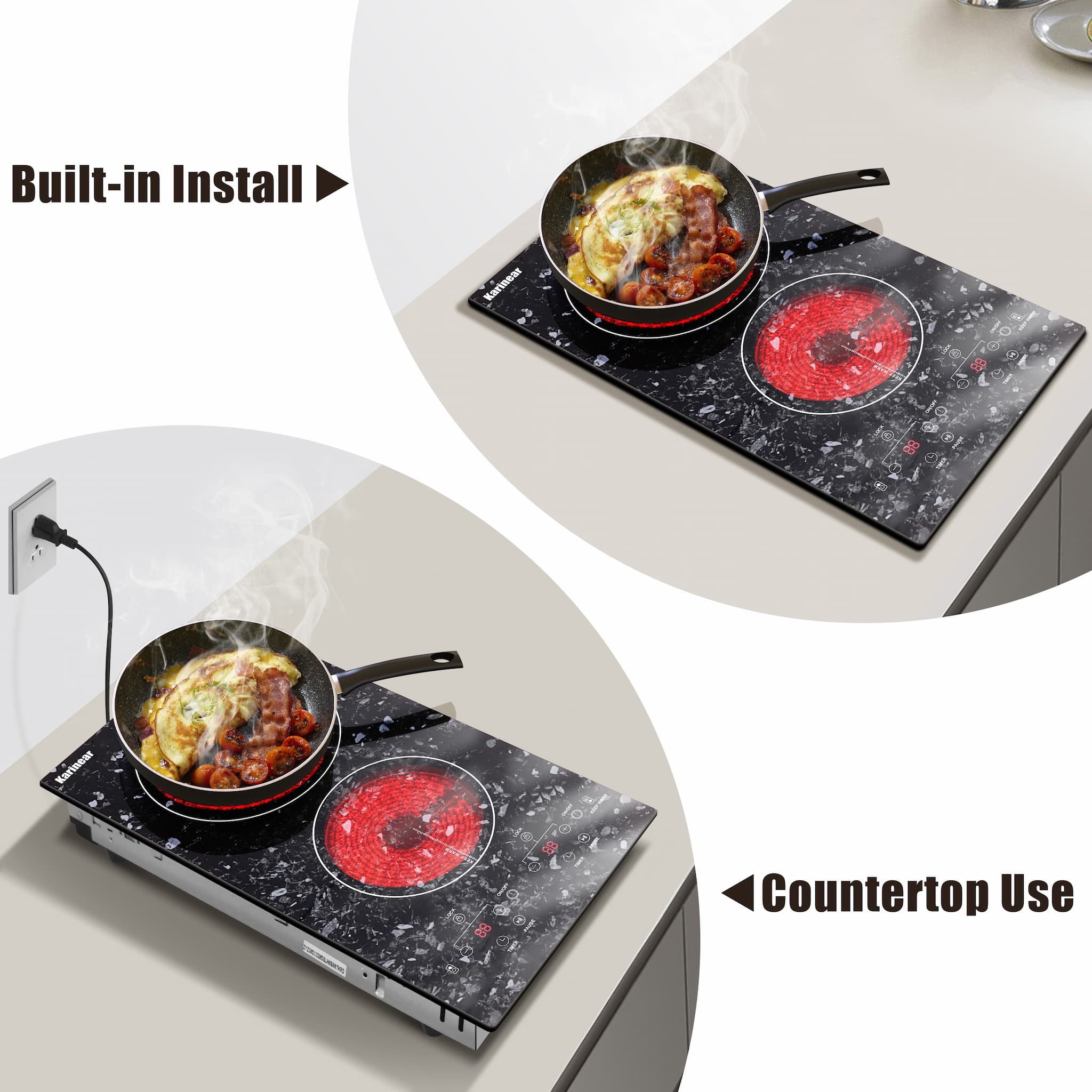 this is Karinear upgraded version of electric stove, we added Marble pattern to it on the glass to make the whole stove look better. Bring home this Marble pattern 12 inch electric cooktop and make your kitchen even more special, less monotonous. ( Burner won't stay red all the time, it cycles to turn red.)