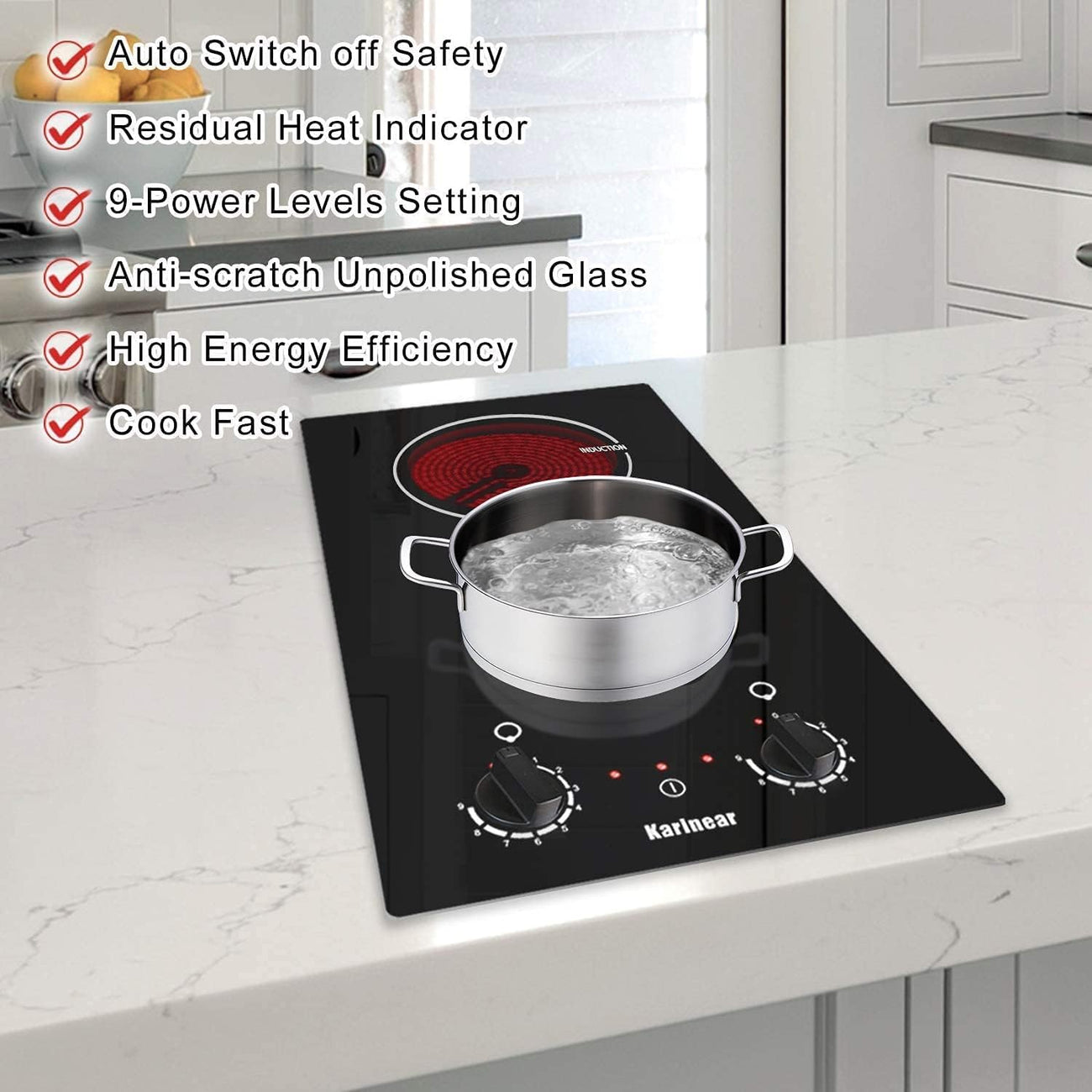 Karinear 12 inch 2 burners Plug in Knob Control Electric Ceramic Cooktop