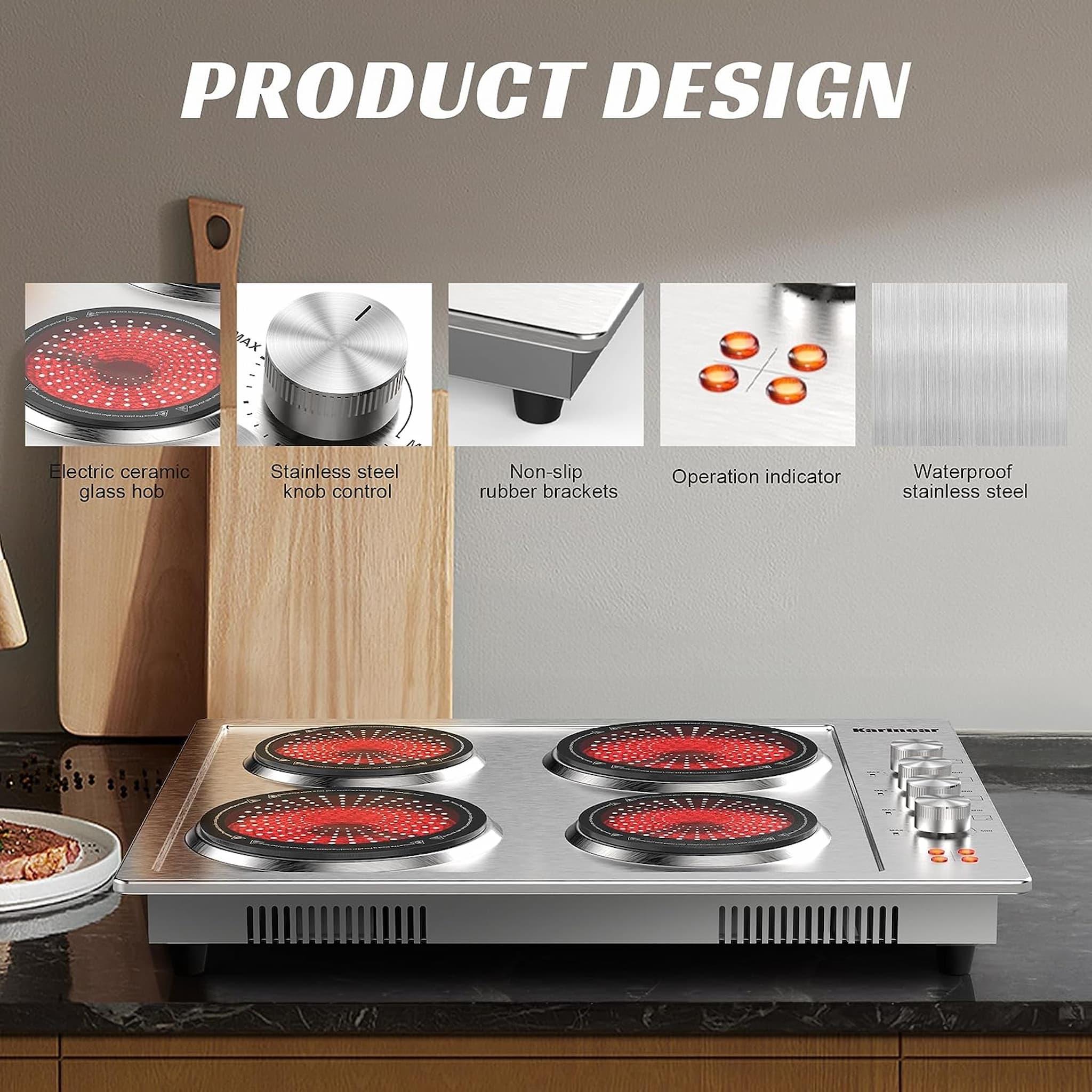 The 24 inch electric ceramic stove has a knob design, one knob corresponds to one burner, and the heating temperature can be adjusted by rotating it, which makes it very easy to operate, and is very suitable for the elderly or or people with poor eyesight.