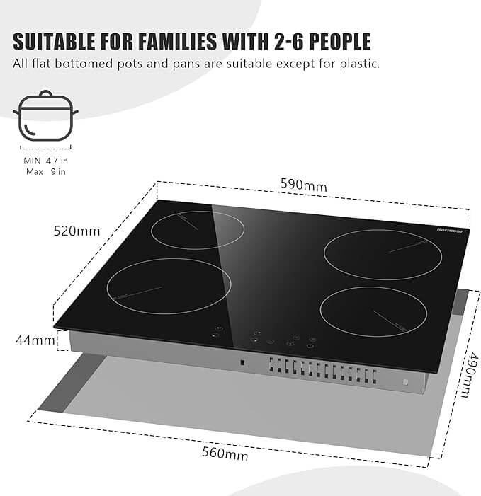 Ceramic Hob, Karinear 60cm Built-in 4 Zones Electric Hob with Touch Control 6000W, Hard Wired, No Plug Included