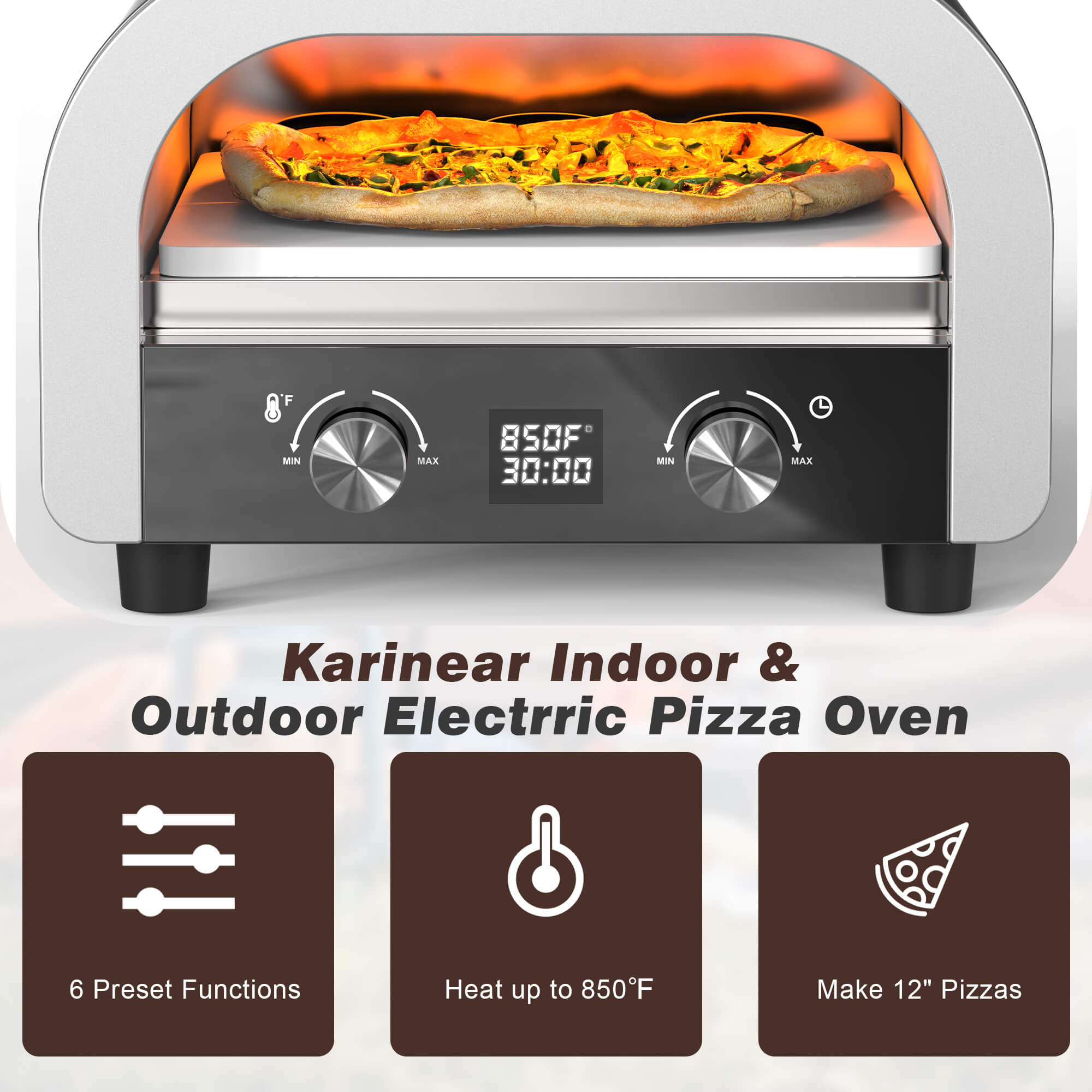 Karinear Electric Pizza Oven Indoor - 13 inch Stainless Steel