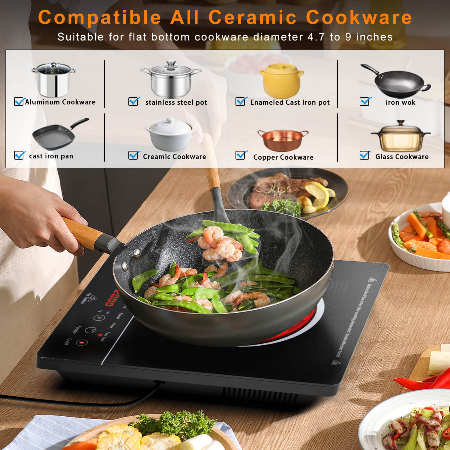This is an electric ceramic cooktop, its advantage is that it is compatible with any material cookware, such as iron, stainless steel, ceramic, glass, etc. Suitable for pot bottom diameter 4.7 to 9 inches.