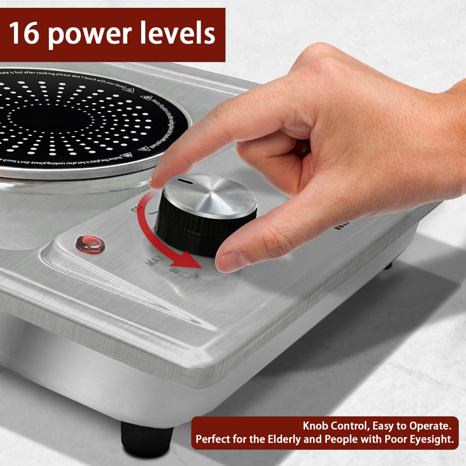 This portable electric stove is very simple to use because it has no complex functions. It only has two knobs, each of which controls a burner. Even the elderly can easily use the 120v electric cooktop. Compared with other sensor touch electric stove, I think the knob type electric stove top is more suitable for the elderly or people with poor eyesight.